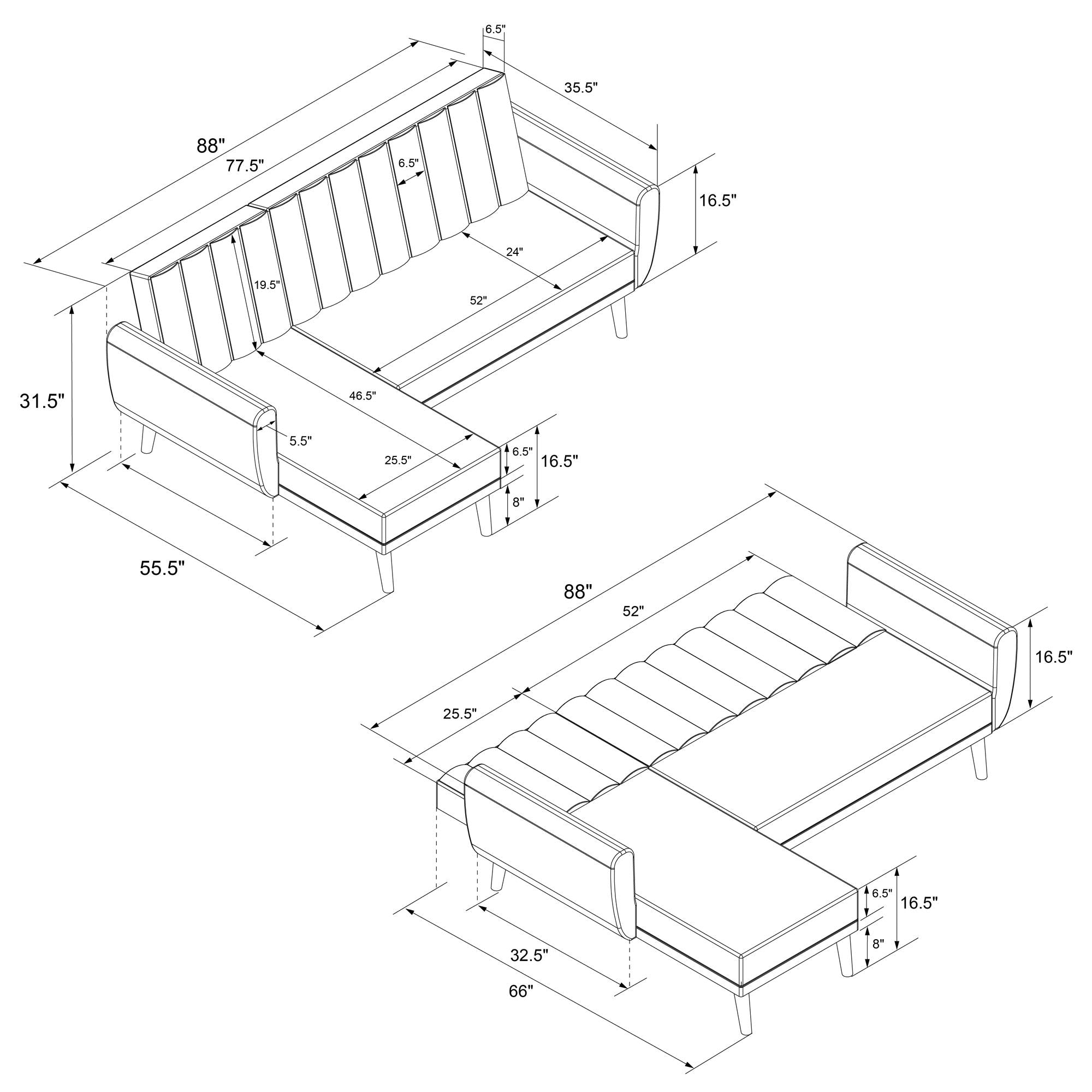 Brittany 3-sits bäddsoffa med schäslong, ljusgrå