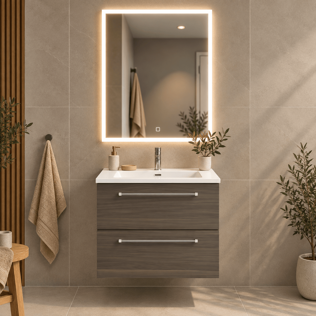Bathroom furniture with classic fronts - 60x46x57 cm - walnut - solid surface basin - Viborg - MASTERSTORE - 8595677197105 - Vanity Units - 70-060-52-84-80 - 8595677197105
