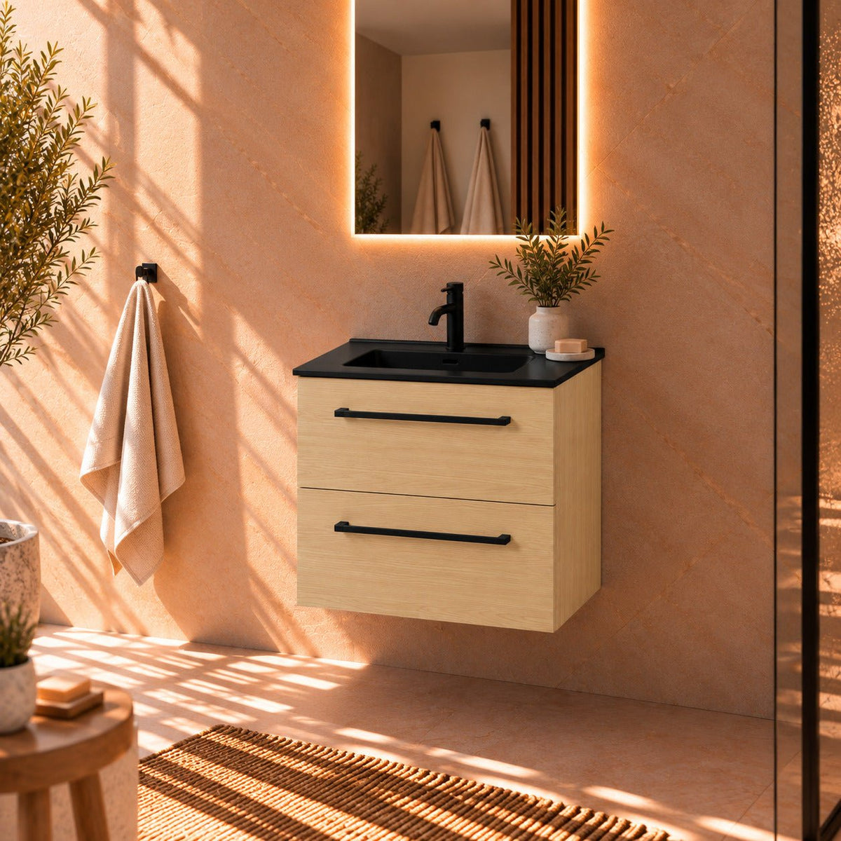 Bathroom furniture with classic fronts - 60x46x57 cm - oak - black ceramic basin - Vadum - MASTERSTORE - 8595677196351 - Vanity Units - 70-060-56-86-80 - 8595677196351