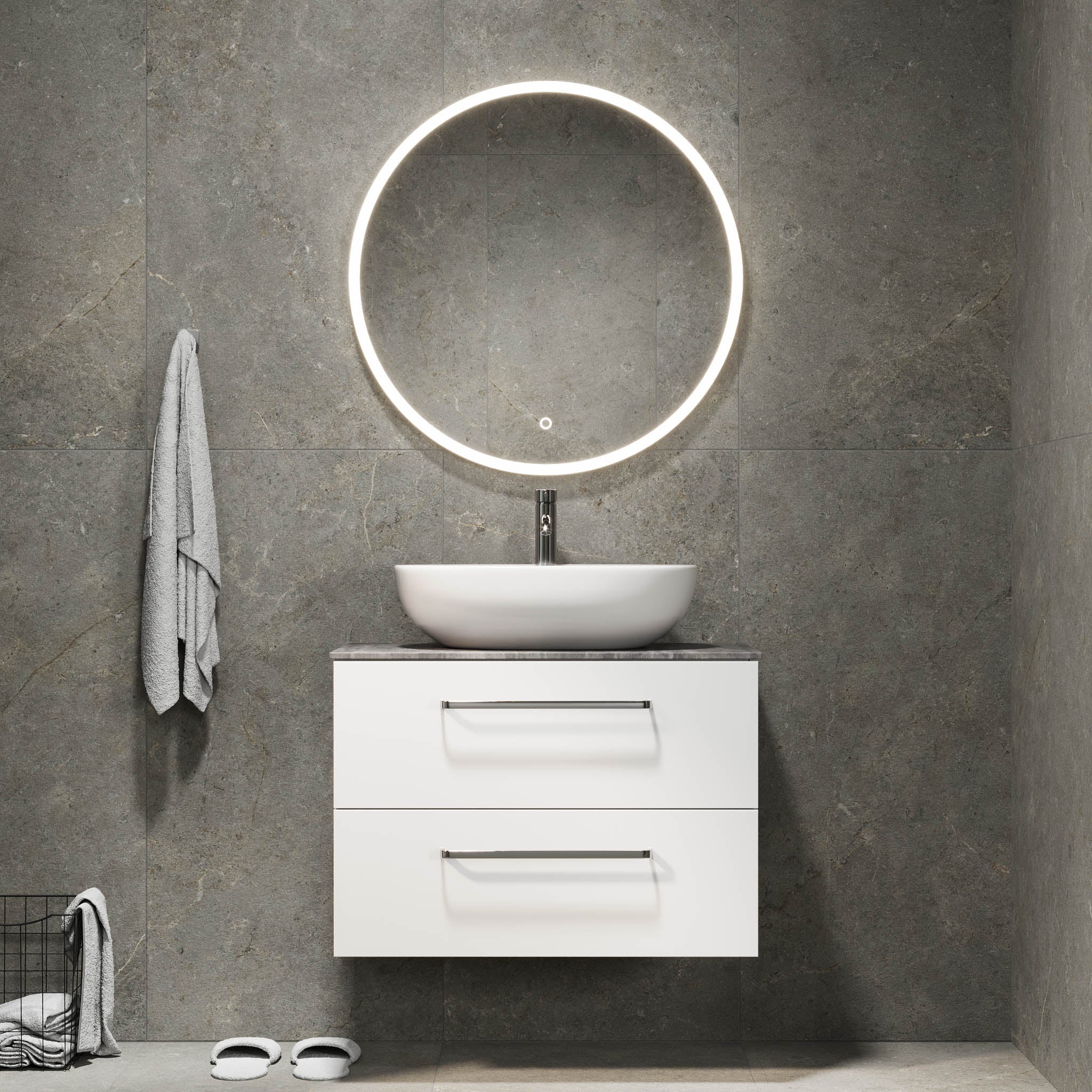 Bathroom furniture with classic fronts - 80x46x56 cm - white mat - melamine countertop in concrete look - Vinderup - MASTERSTORE - 8595677197587 - Furniture Set - Cabinet & Front - 70-080-11-01-80 - 8595677197587