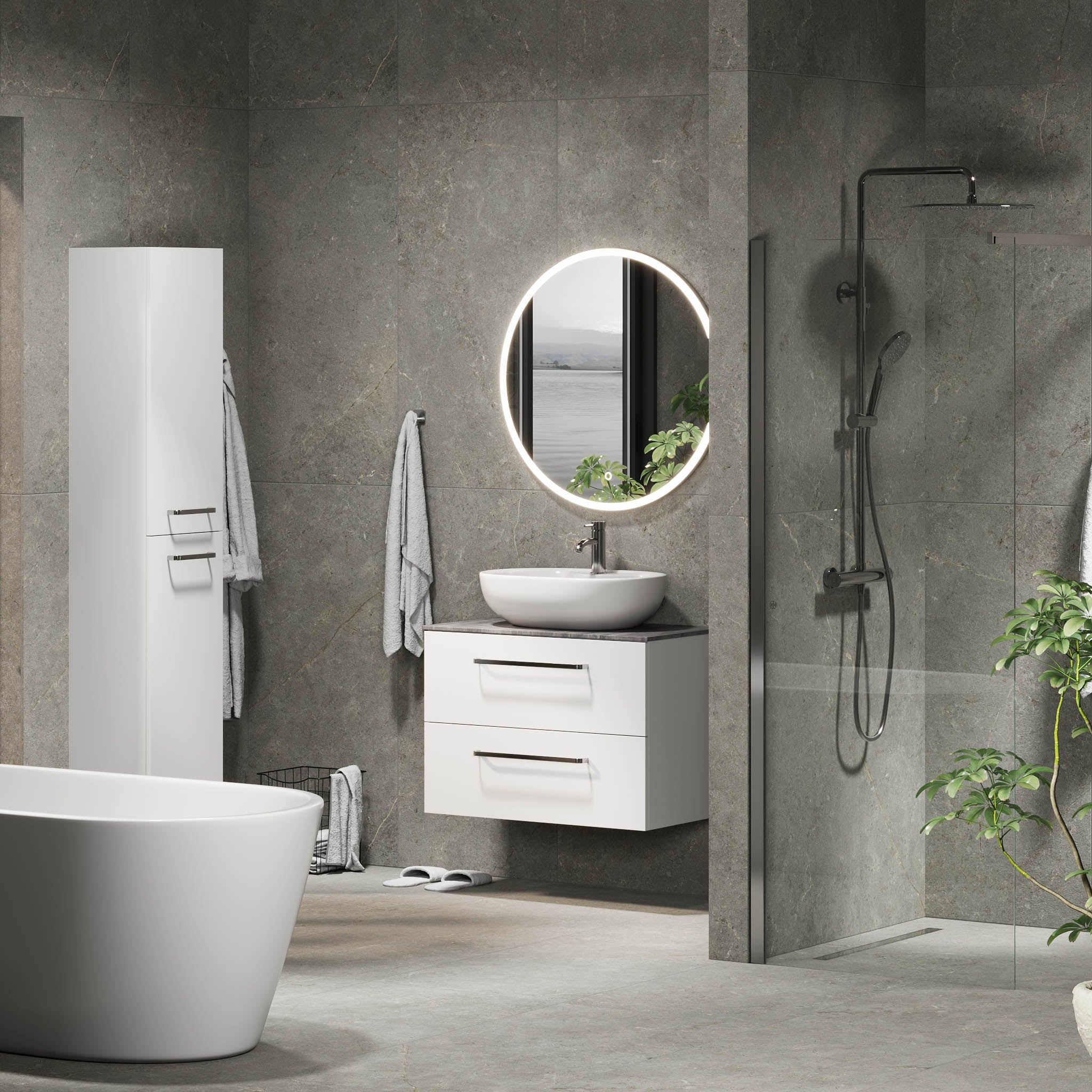 Bathroom furniture with classic fronts - 80x46x56 cm - white mat - melamine countertop in concrete look - Vinderup - MASTERSTORE - 8595677197587 - Furniture Set - Cabinet & Front - 70-080-11-01-80 - 8595677197587