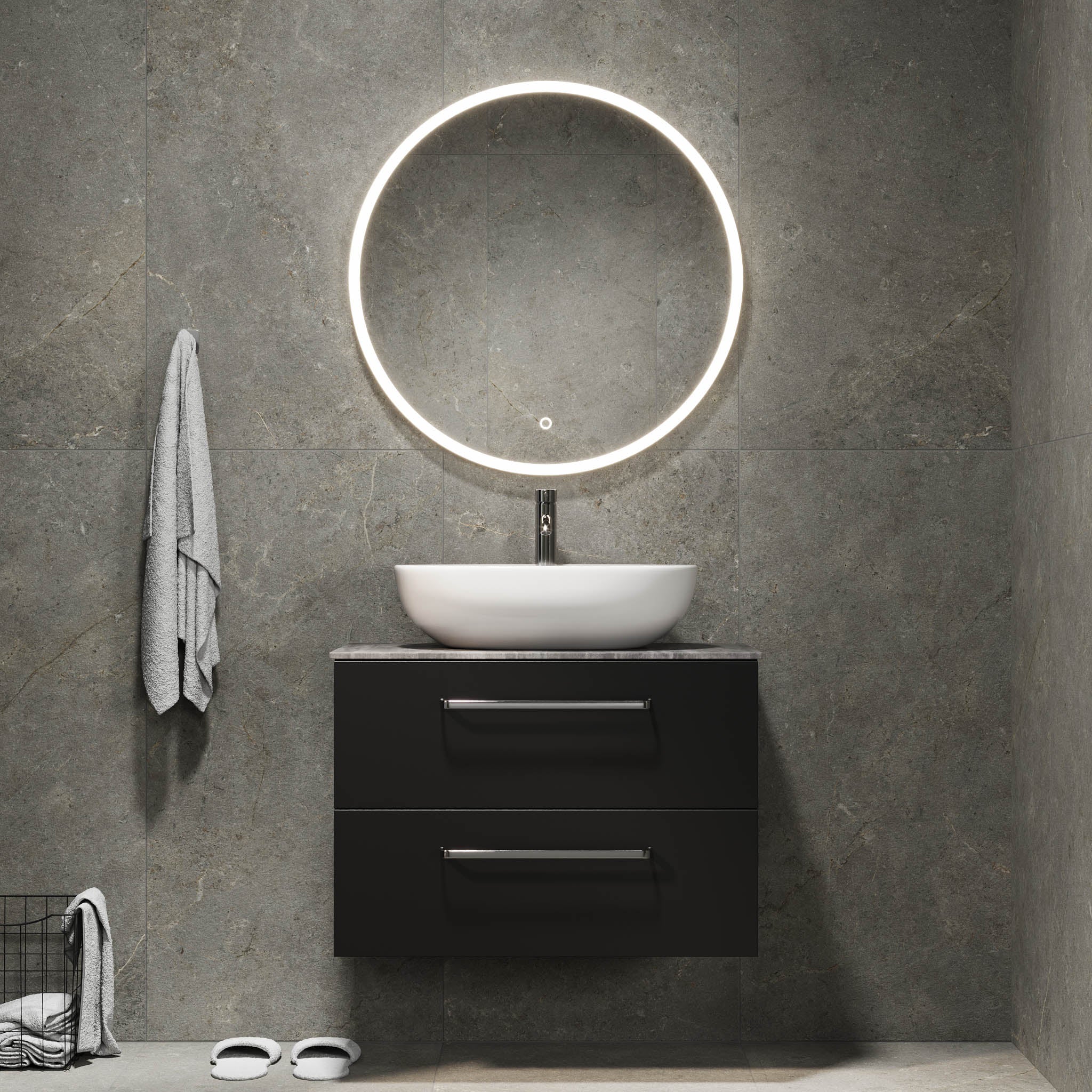 Bathroom furniture with classic fronts - 80x46x56 cm - black mat - melamine countertop in concrete look - Vinderup - MASTERSTORE - 8595677197648 - Furniture Set - Cabinet & Front - 70-080-11-02-80 - 8595677197648