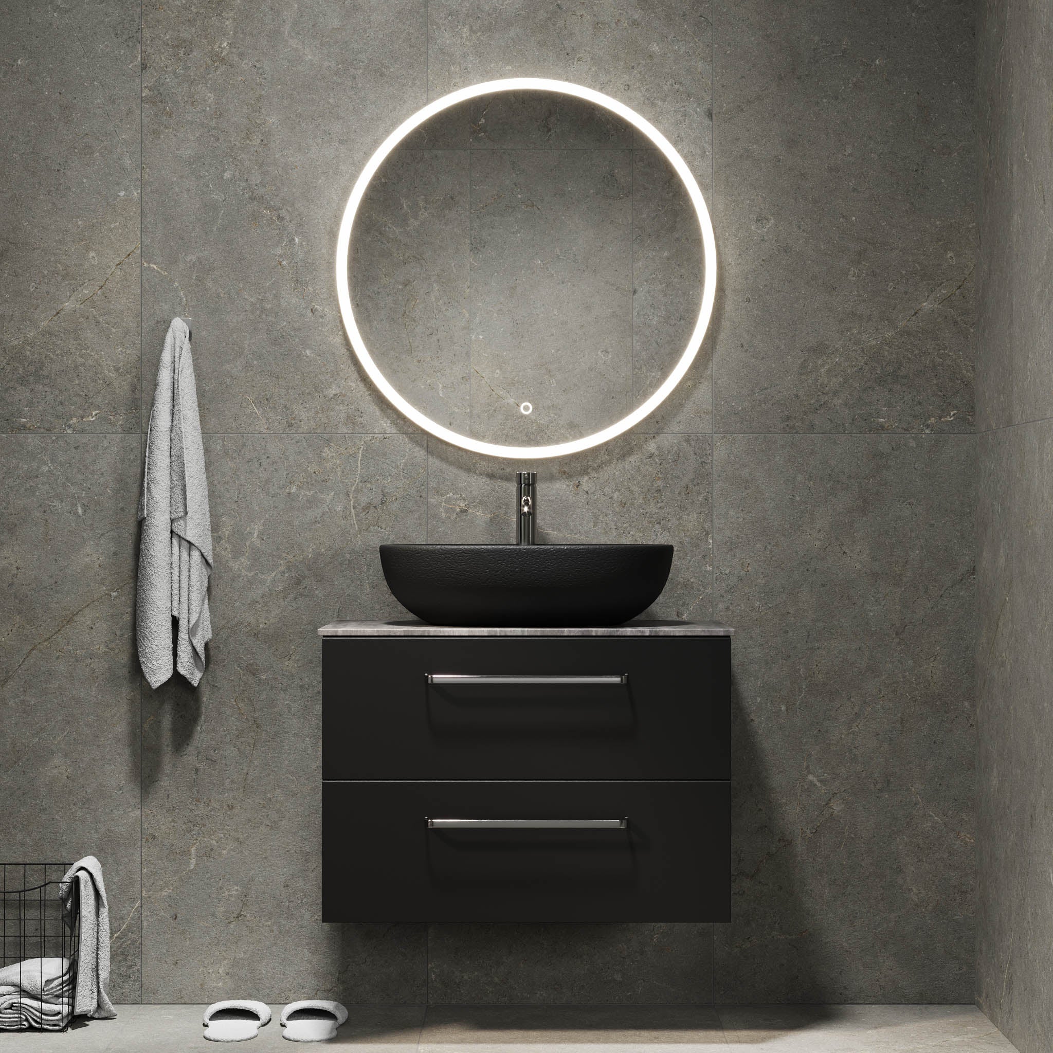 Bathroom furniture with classic fronts - 80x46x56 cm - black mat - melamine countertop in concrete look - Vinderup - MASTERSTORE - 8595677197648 - Furniture Set - Cabinet & Front - 70-080-11-02-80 - 8595677197648