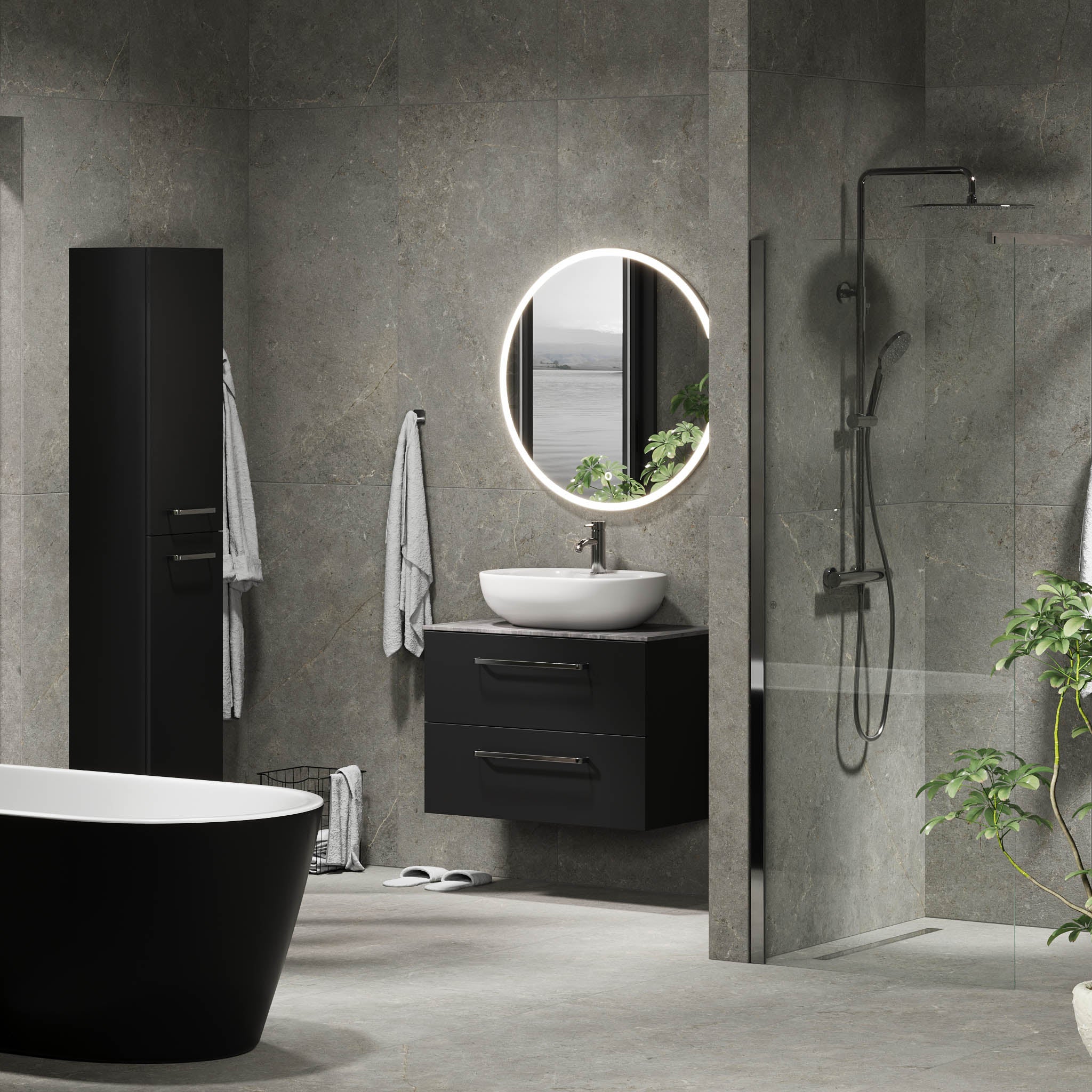 Bathroom furniture with classic fronts - 80x46x56 cm - black mat - melamine countertop in concrete look - Vinderup - MASTERSTORE - 8595677197648 - Furniture Set - Cabinet & Front - 70-080-11-02-80 - 8595677197648