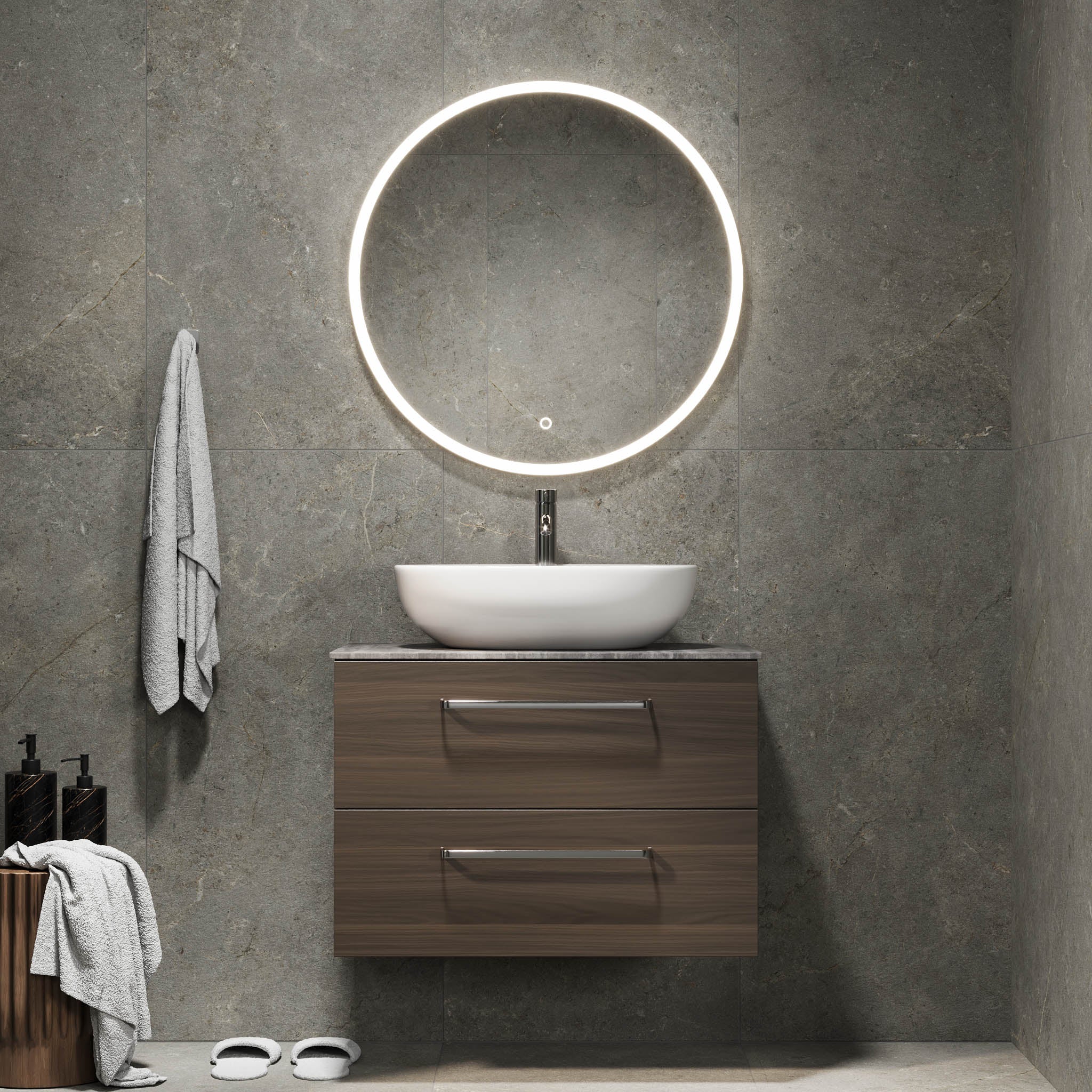 Bathroom furniture with classic fronts - 80x46x56 cm - walnut - melamine countertop in concrete look - Vinderup - MASTERSTORE - 8595677197815 - Furniture Set - Cabinet & Front - 70-080-11-84-80 - 8595677197815
