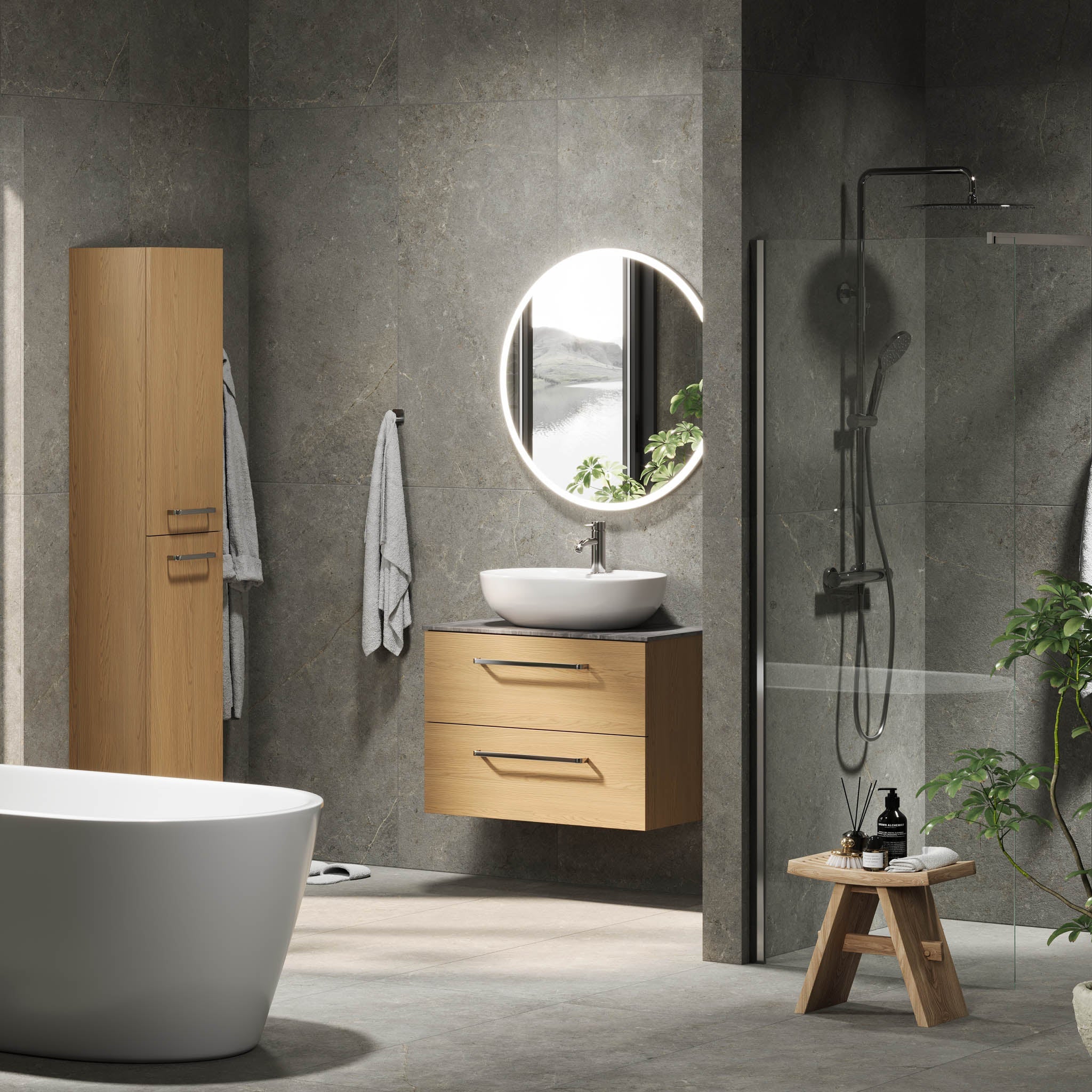 Bathroom furniture with classic fronts - 80x46x56 cm - oak - melamine countertop in concrete look - Vinderup - MASTERSTORE - 8595677197761 - Furniture Set - Cabinet & Front - 70-080-11-86-80 - 8595677197761