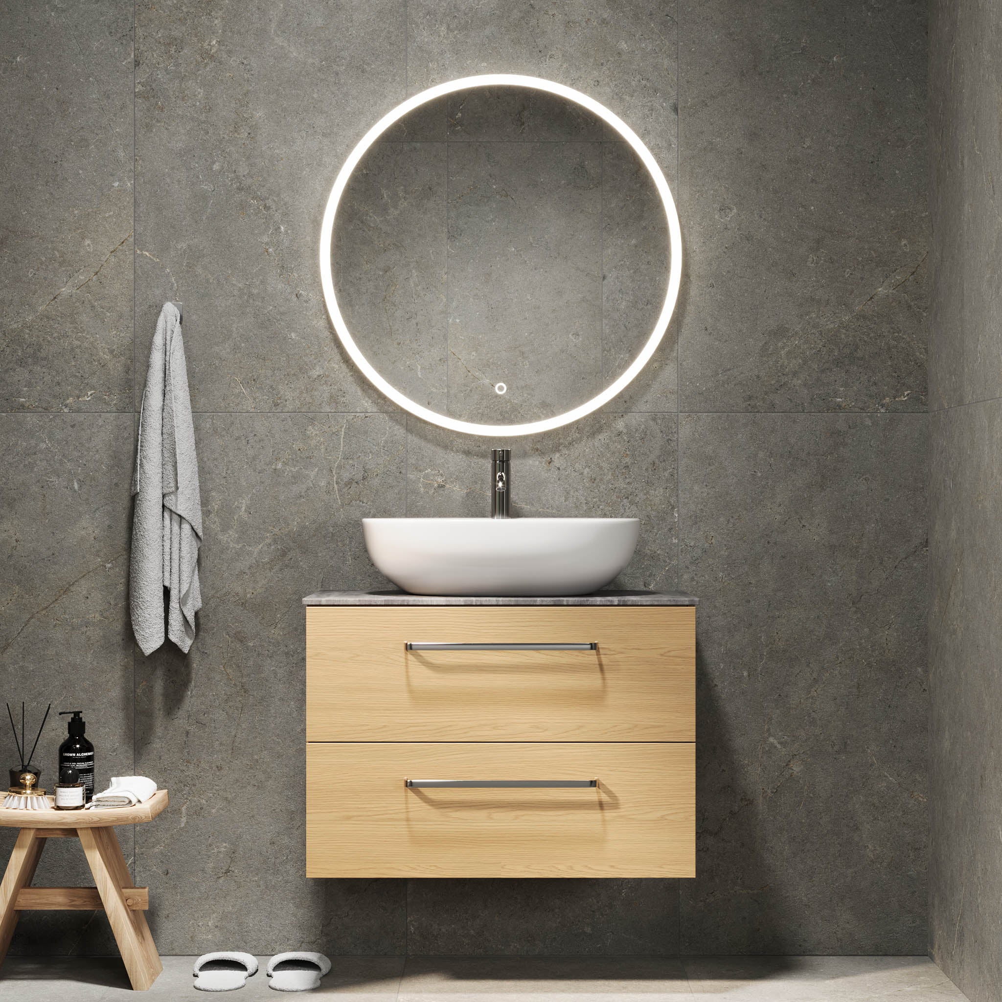Bathroom furniture with classic fronts - 80x46x56 cm - oak - melamine countertop in concrete look - Vinderup - MASTERSTORE - 8595677197761 - Furniture Set - Cabinet & Front - 70-080-11-86-80 - 8595677197761