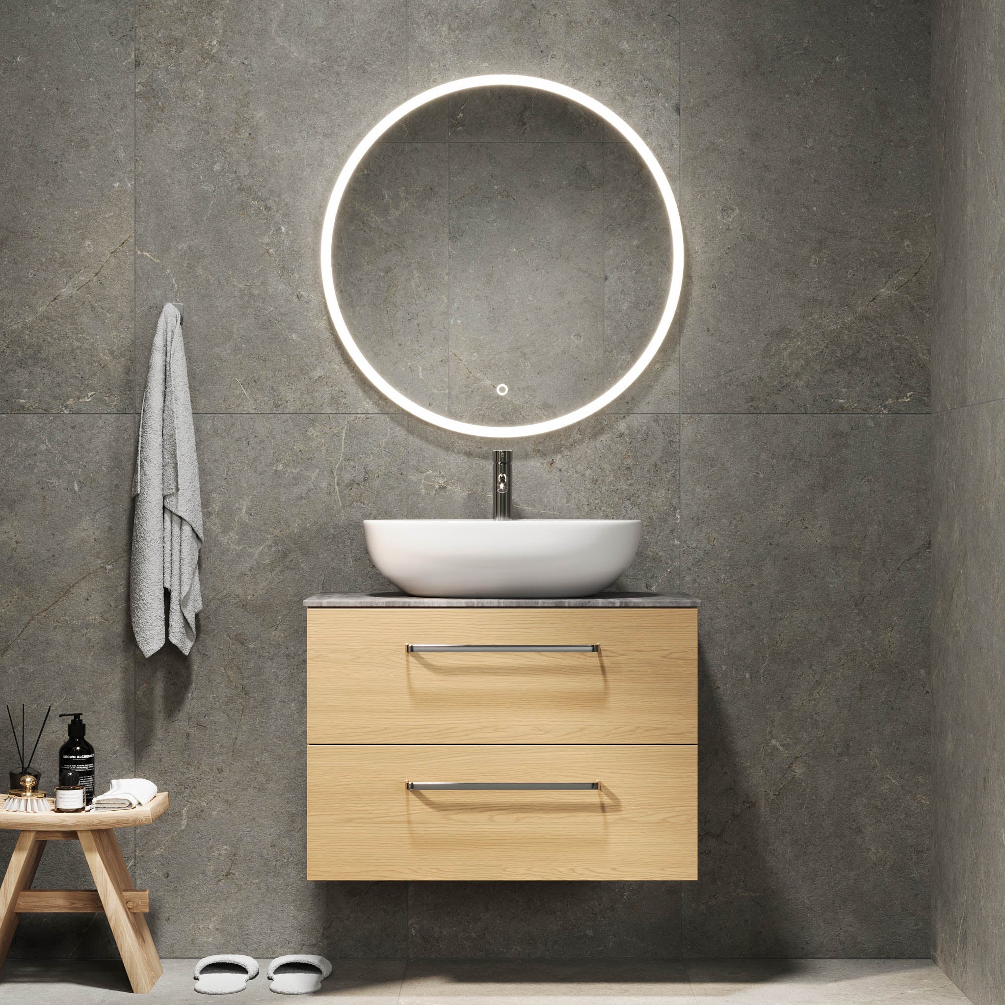Bathroom furniture with classic fronts - 80x46x56 cm - oak - melamine countertop in concrete look - Vinderup - MASTERSTORE - 8595677197761 - Furniture Set - Cabinet & Front - 70-080-11-86-80 - 8595677197761