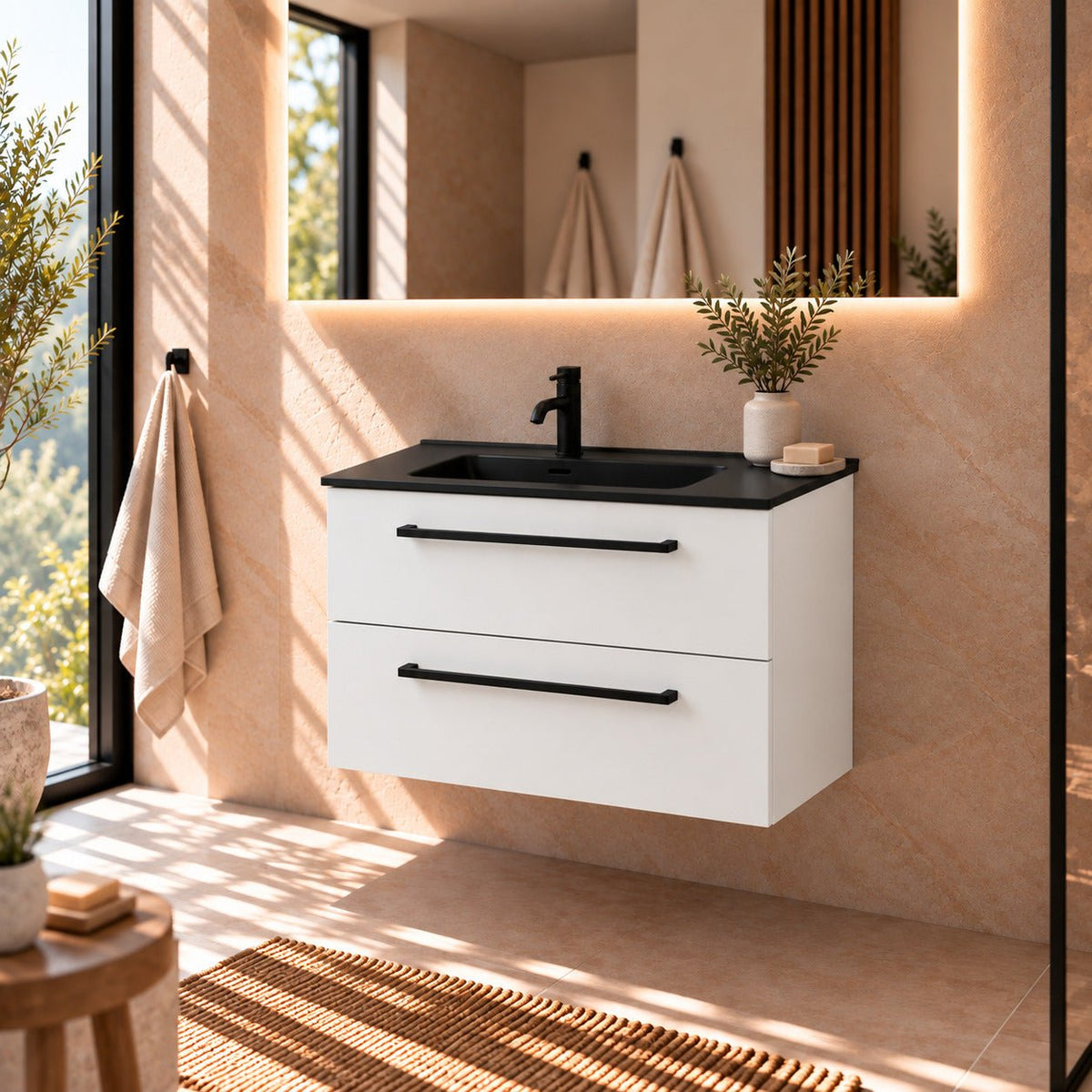 Bathroom furniture with classic fronts - 80x46x57 cm - white mat - black ceramic basin - Vadum - MASTERSTORE - 8595677196191 - Vanity Units - 70-080-56-01-80 - 8595677196191