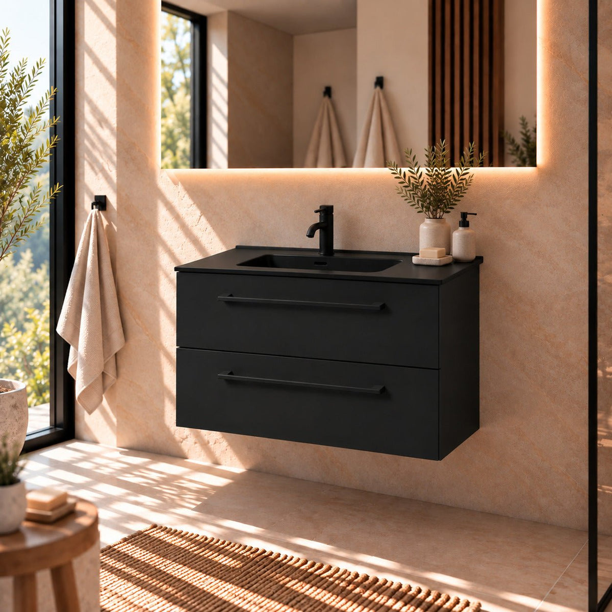 Bathroom furniture with classic fronts - 80x46x57 cm - black mat - black ceramic basin - Vadum - MASTERSTORE - 8595677196252 - Vanity Units - 70-080-56-02-80 - 8595677196252
