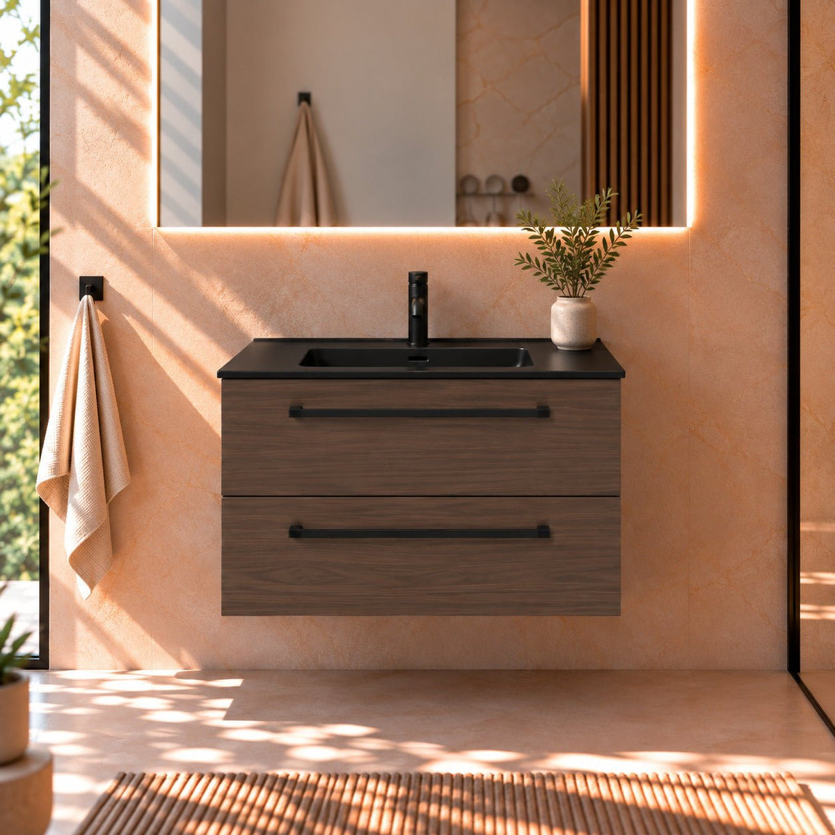 Bathroom furniture with classic fronts - 80x46x57 cm - walnut - black ceramic basin - Vadum - MASTERSTORE - 8595677196412 - Vanity Units - 70-080-56-84-80 - 8595677196412