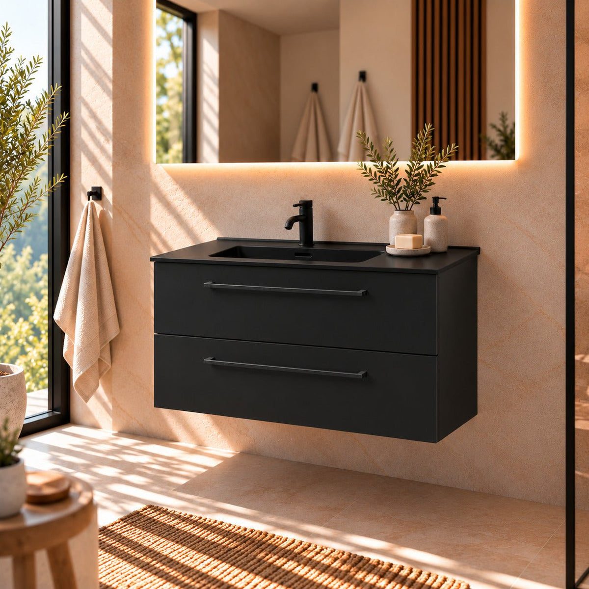 Bathroom furniture with classic fronts - 100x46x57 cm - black mat - black ceramic basin - Vadum - MASTERSTORE - 8595677196269 - Vanity Units - 70-100-56-02-80 - 8595677196269