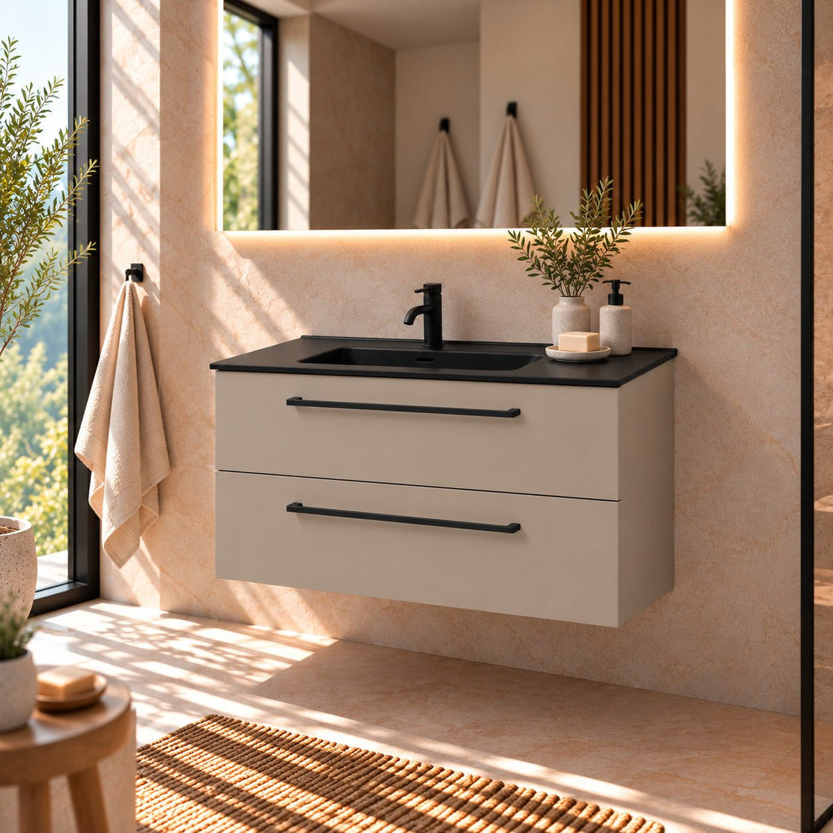 Bathroom furniture with classic fronts - 100x46x57 cm - sandstone mist - black ceramic basin - Vadum - MASTERSTORE - 8595677196320 - Vanity Units - 70-100-56-30-80 - 8595677196320