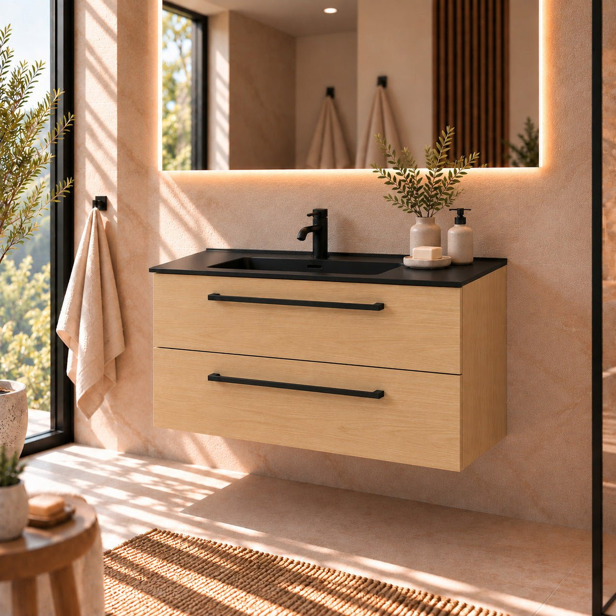 Bathroom furniture with classic fronts - 100x46x57 cm - oak - black ceramic basin - Vadum - MASTERSTORE - 8595677196375 - Vanity Units - 70-100-56-86-80 - 8595677196375