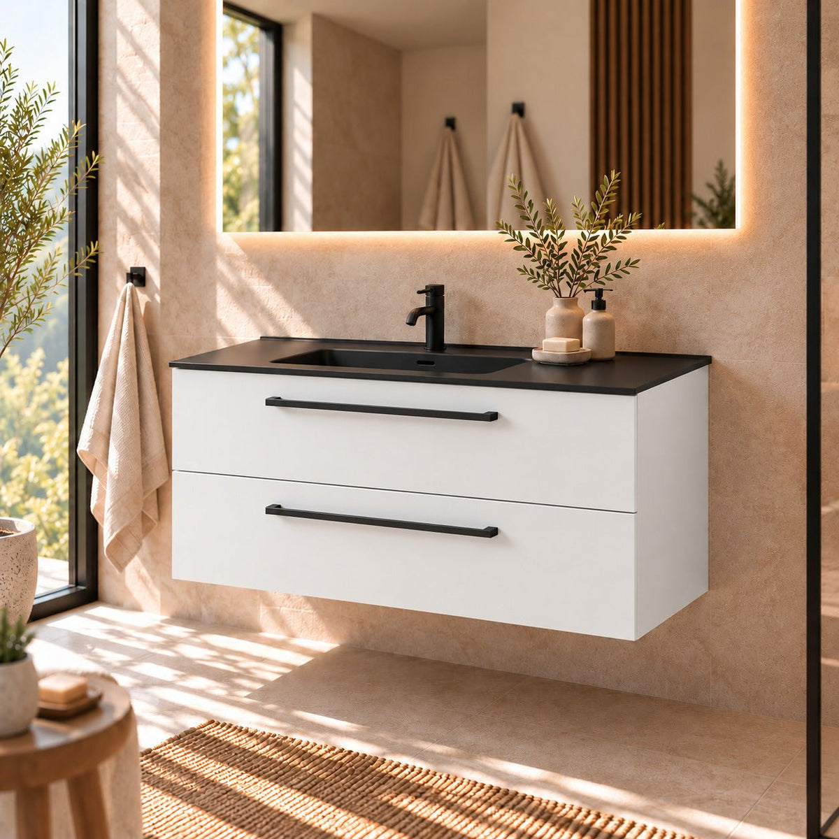Bathroom furniture with classic fronts - 120x46x57 cm - white mat - black ceramic basin - Vadum - MASTERSTORE - 8595677196214 - Vanity Units - 70-120-56-01-80 - 8595677196214