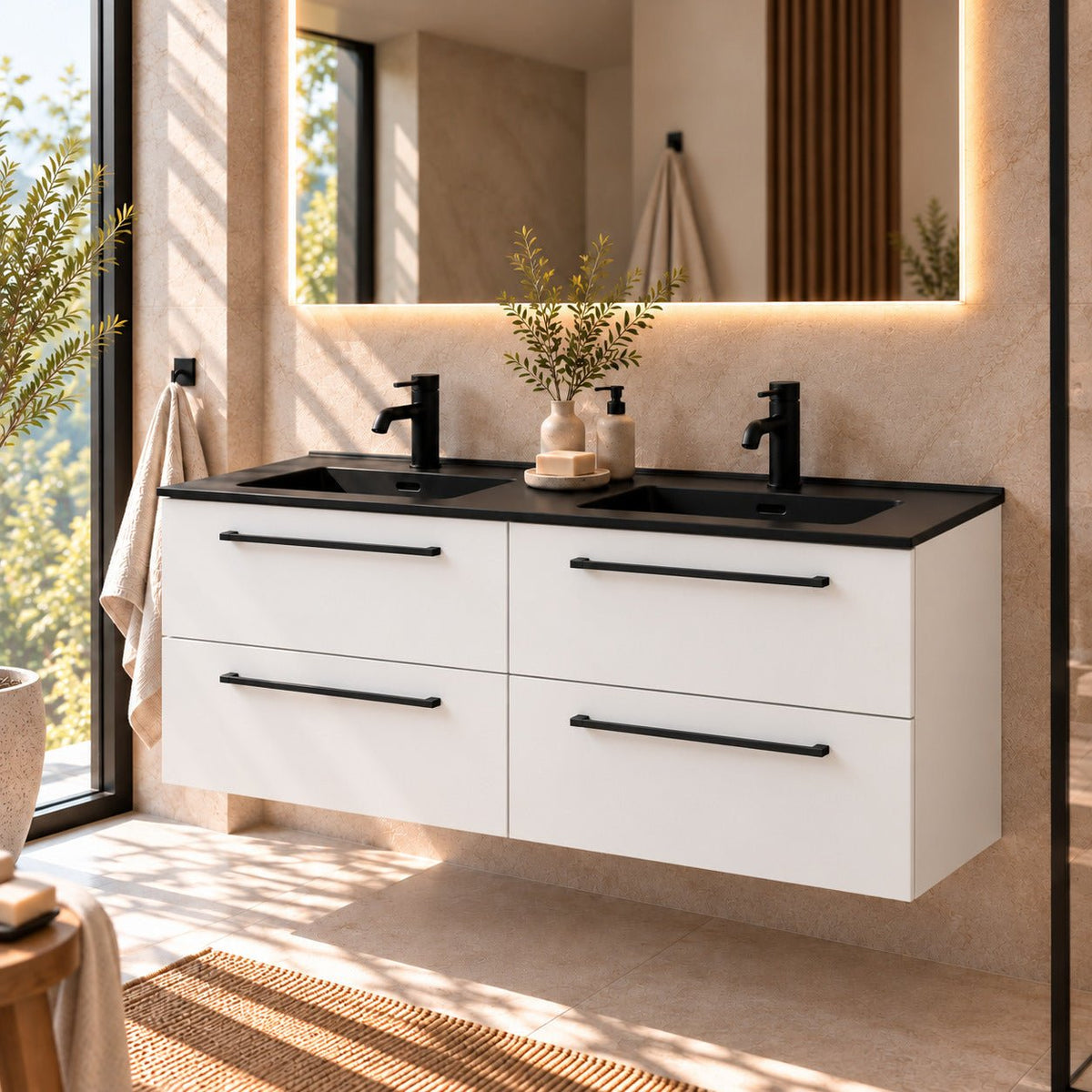 Bathroom furniture with classic fronts - 120x46x57 cm - white mat - black ceramic double basin - Vadum - MASTERSTORE - 8595677196221 - Vanity Units - 70-120-56-01-81 - 8595677196221