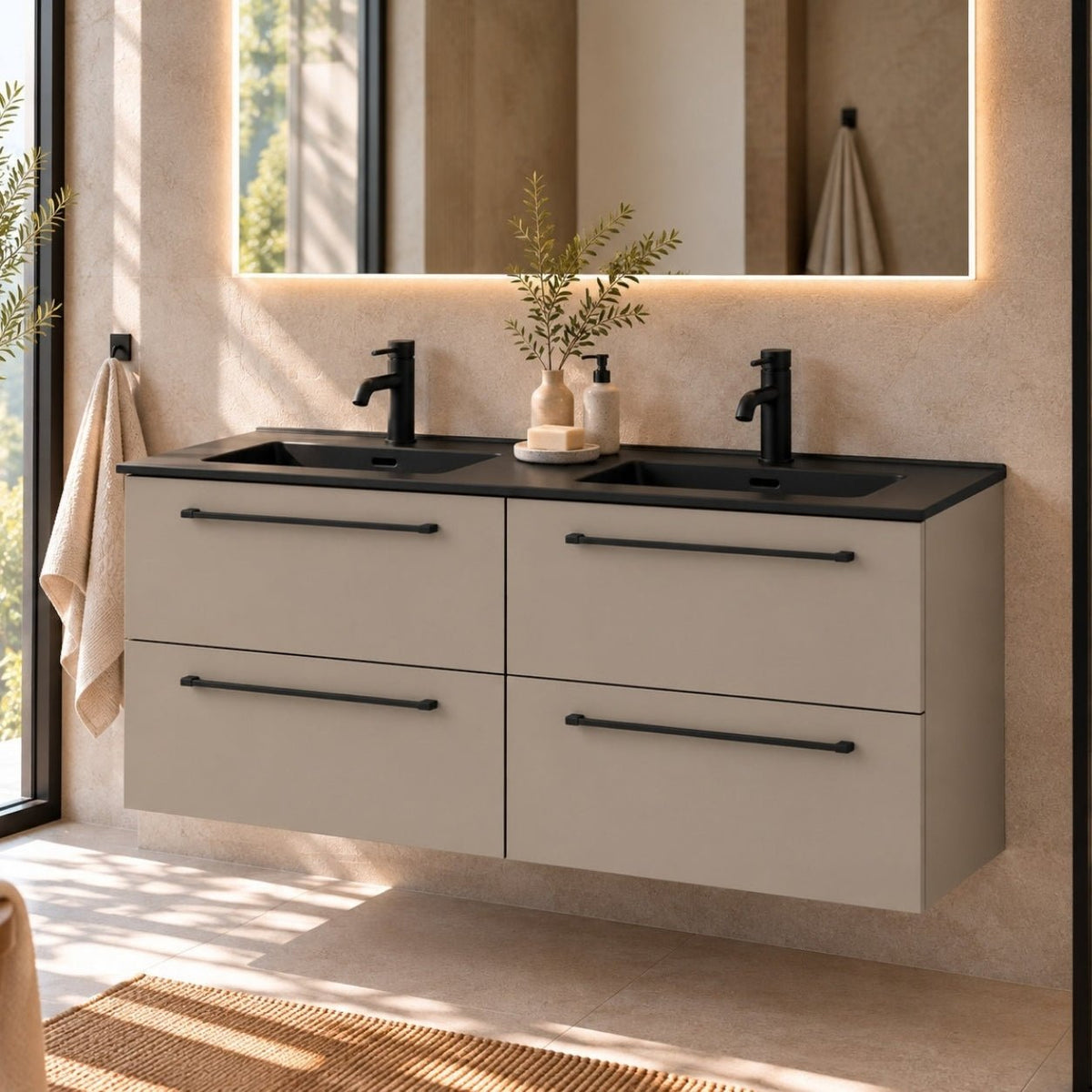 Bathroom furniture with classic fronts - 120x46x57 cm - sandstone mist - black ceramic double basin - Vadum - MASTERSTORE - 8595677196337 - Vanity Units - 70-120-56-30-81 - 8595677196337