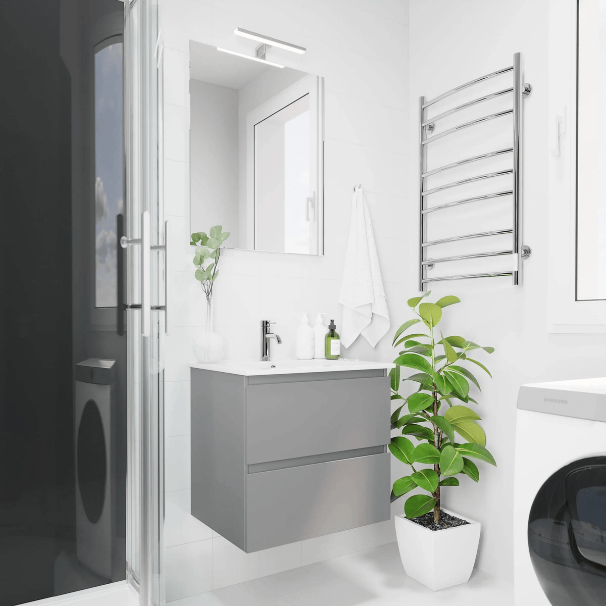 Bathroom Vanity with Classic Integrated Front - 60x46x57 cm - Matt Grey - Ceramic Basin - Saltnes - MASTERSTORE - 8595677170993 - Vanity Units - 73-060-50-03-40 - 8595677170993