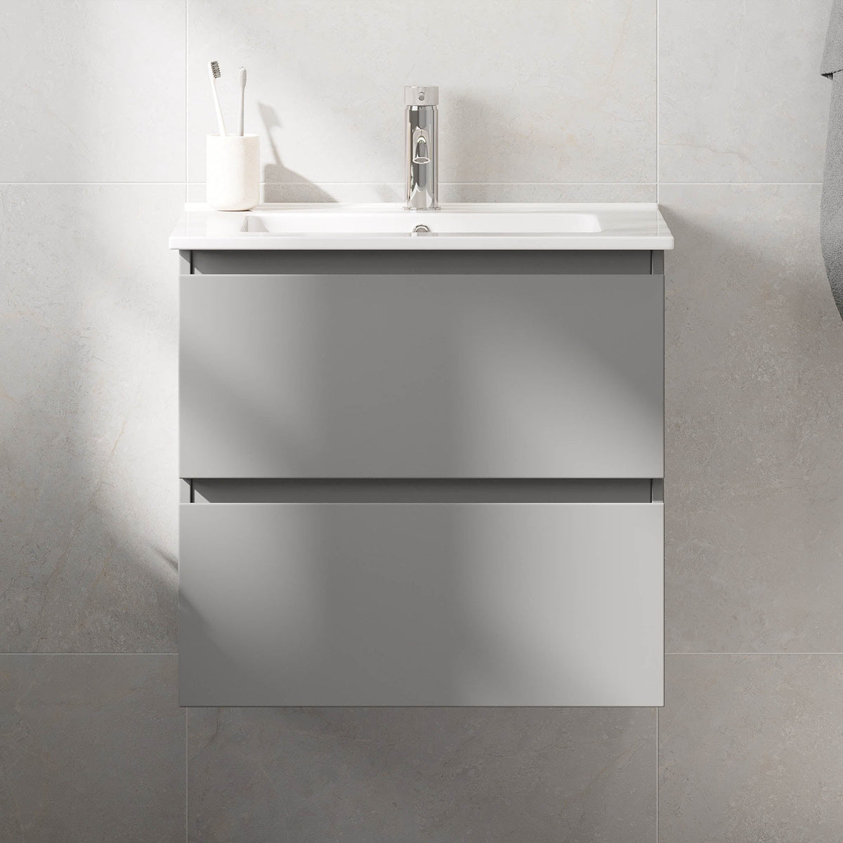 Bathroom Vanity with Classic Integrated Front - 60x46x57 cm - Matt Grey - Ceramic Basin - Saltnes - MASTERSTORE - 8595677170993 - Vanity Units - 73-060-50-03-40 - 8595677170993