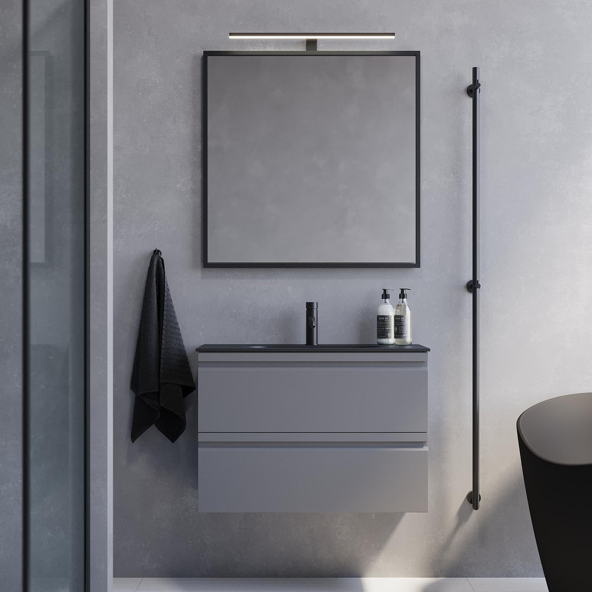 Badrumskommod med modern integrerad front - SLIM - 60x36x57 cm - Matt grå - Svart Solid Surface tvättställ - Kongsvinger