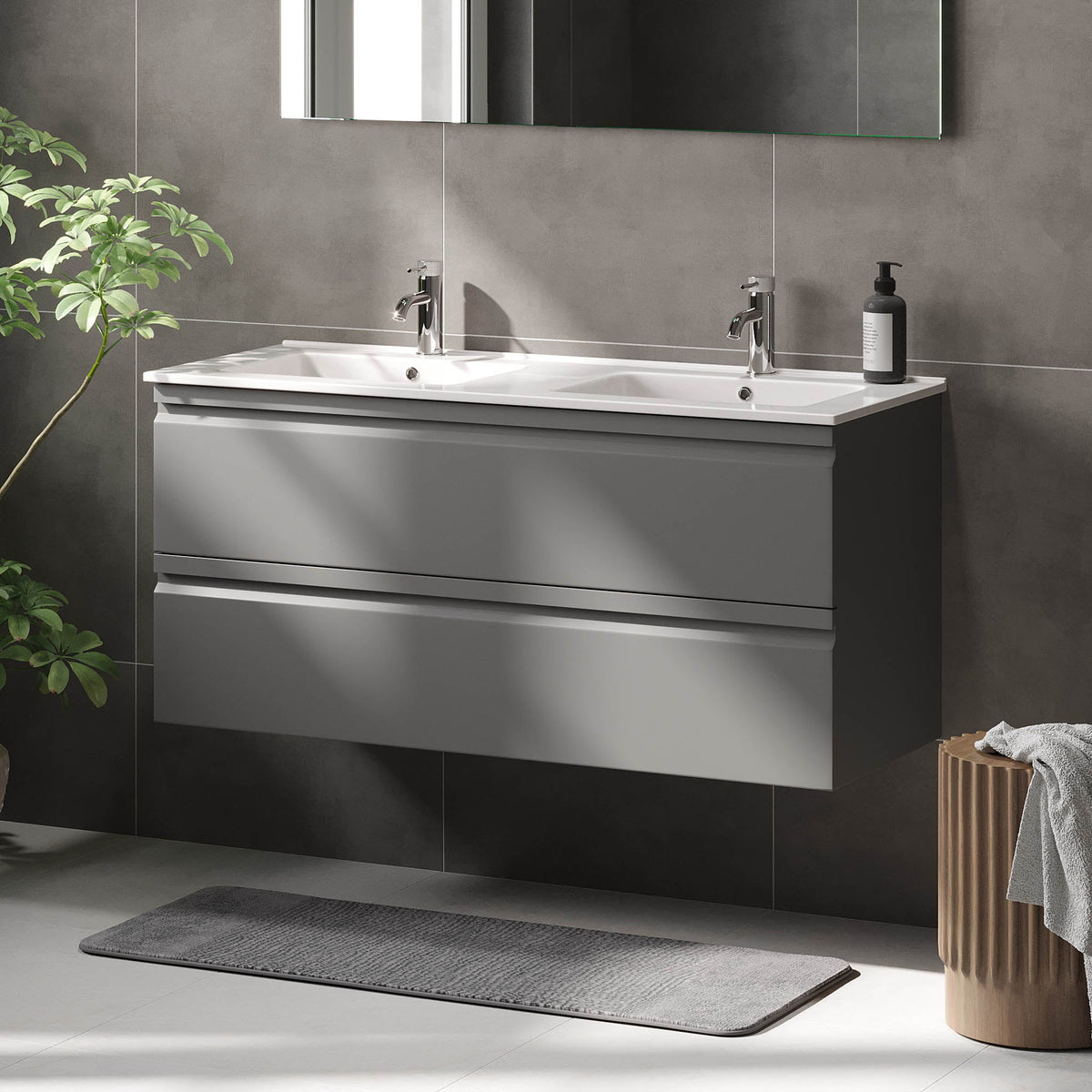 Bathroom Vanity with Modern Integrated Front - 120x46x57 cm - Matt Grey - Ceramic Basin - Klokkarvik - MASTERSTORE - 8595677127539 - Vanity Units - 74-120-01-03-00 - 8595677127539