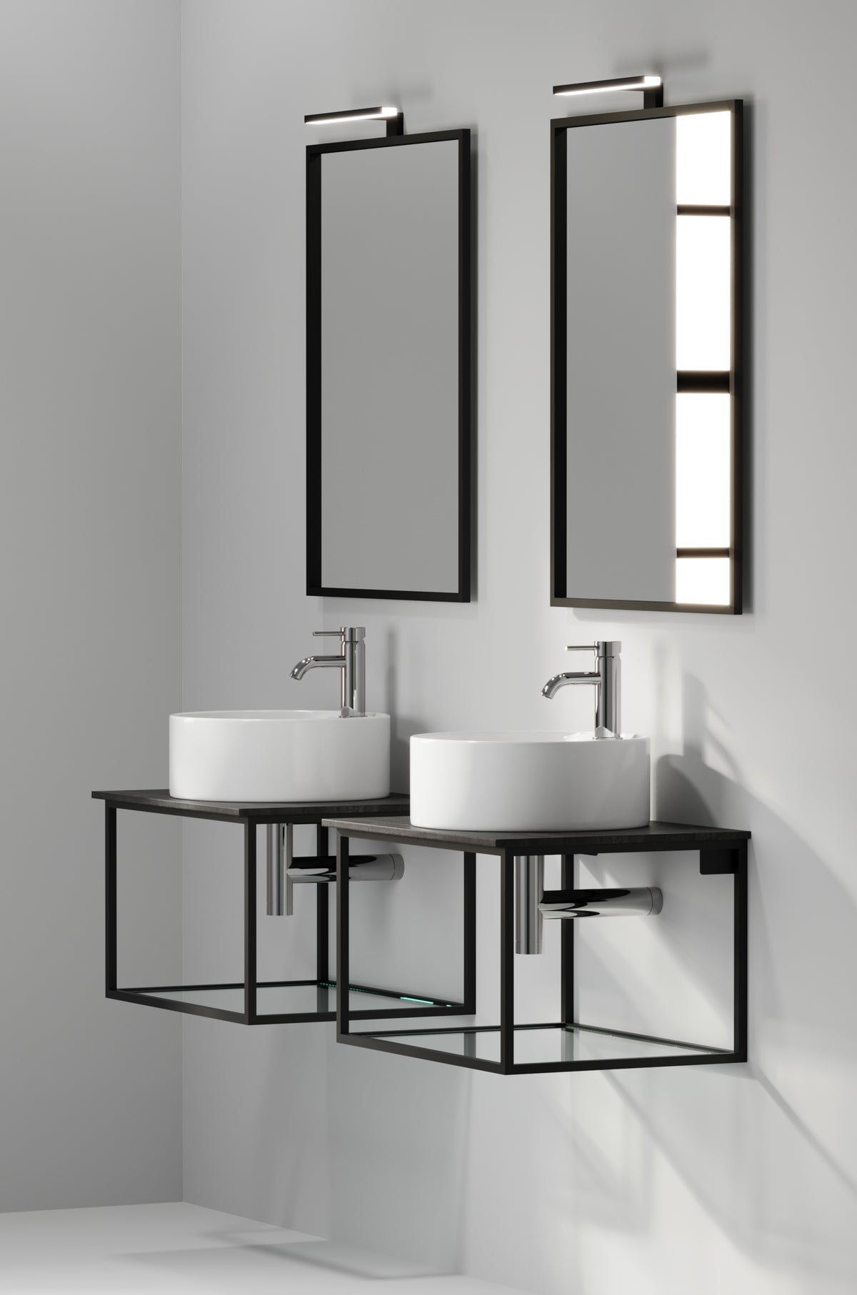 Badrumsmöbel med öppen metallram och botten i härdat glas - 80x46x50 cm - matt vit - vit fristående Porslin tvättställ - Bänkskiva i betonglook - Stenstorp