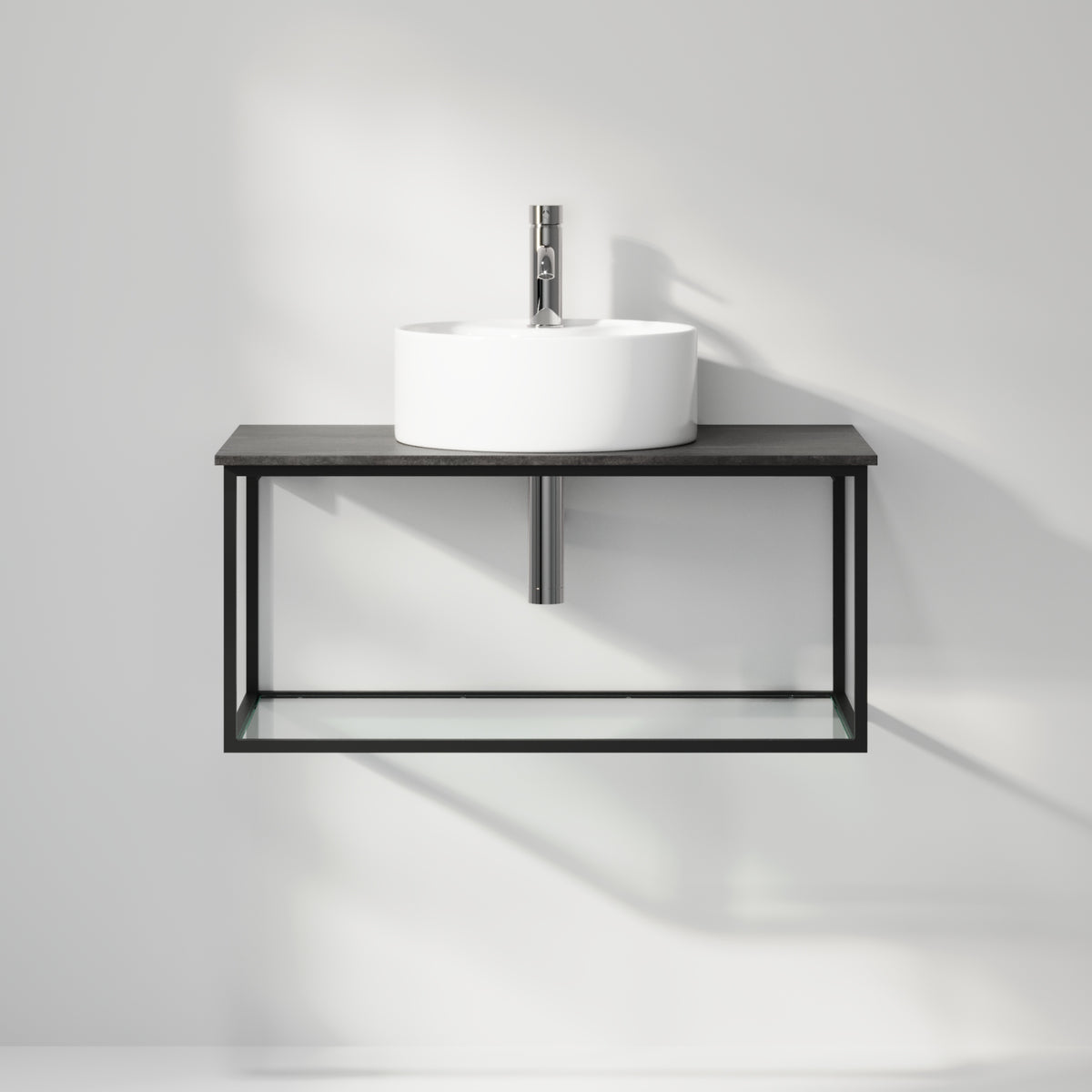 Badrumsmöbel med öppen metallram och botten i härdat glas - 80x46x50 cm - matt vit - vit fristående Porslin tvättställ - Bänkskiva i betonglook - Stenstorp
