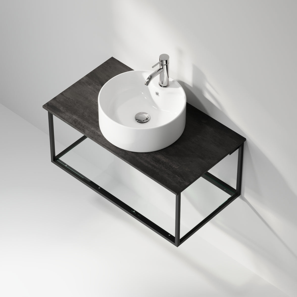 Badrumsmöbel med öppen metallram och botten i härdat glas - 80x46x50 cm - matt vit - vit fristående Porslin tvättställ - Bänkskiva i betonglook - Stenstorp