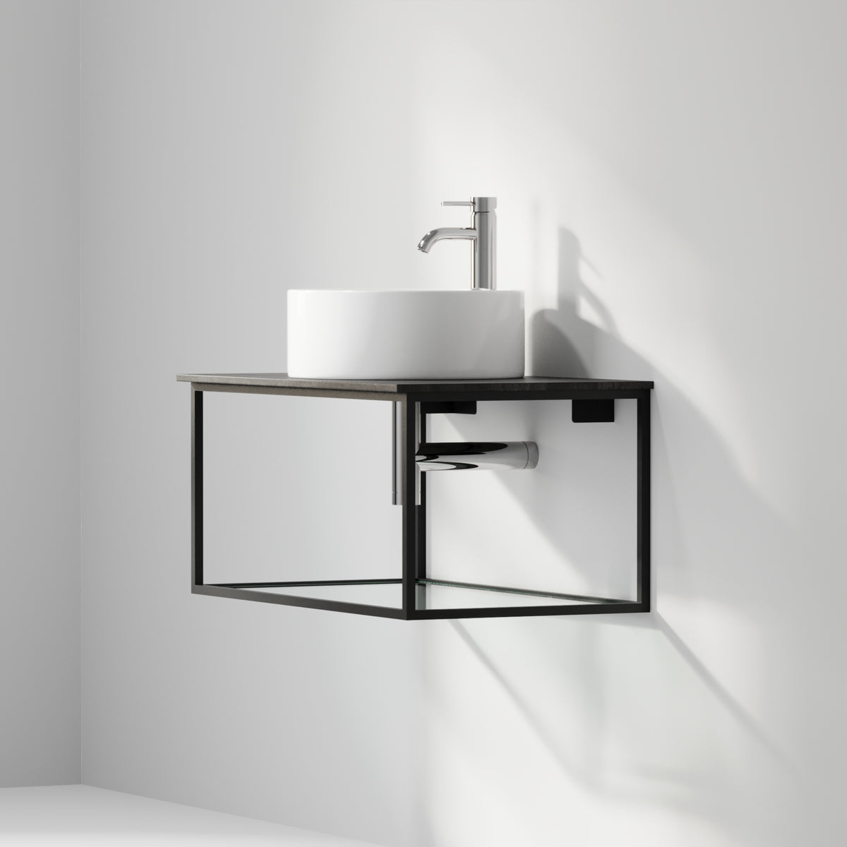 Badrumsmöbel med öppen metallram och botten i härdat glas - 80x46x50 cm - matt vit - vit fristående Porslin tvättställ - Bänkskiva i betonglook - Stenstorp