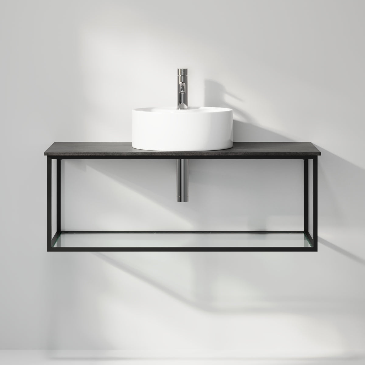 Badrumsmöbel med öppen metallram och botten i härdat glas - 100x46x50 cm - matt svart - vit fristående Porslin tvättställ - Bänkskiva i betonglook - Stenstorp