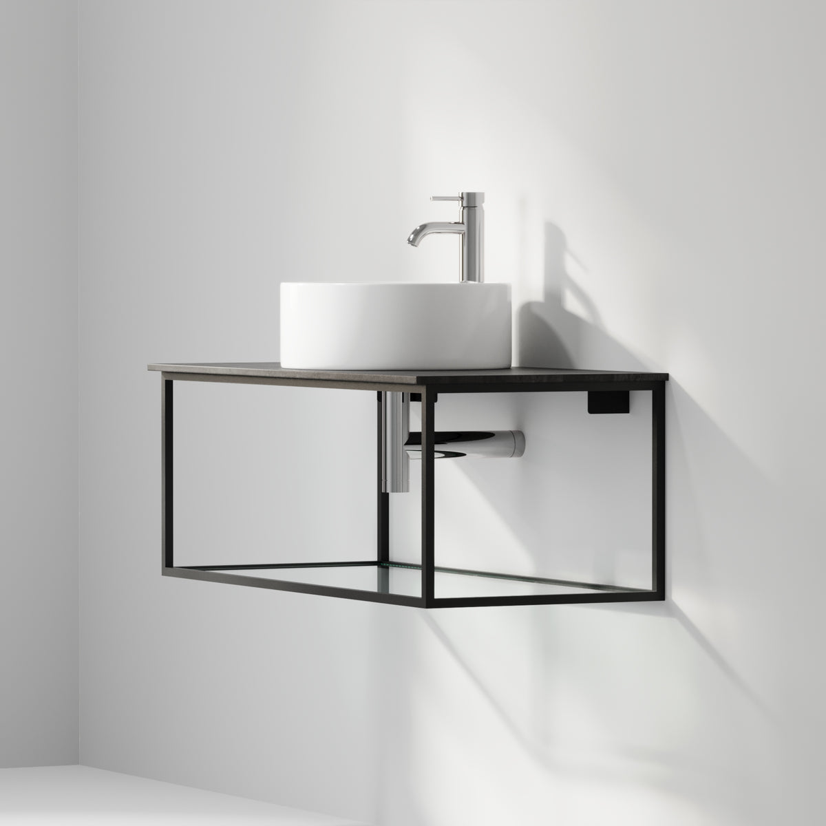 Badrumsmöbel med öppen metallram och botten i härdat glas - 100x46x50 cm - matt svart - vit fristående Porslin tvättställ - Bänkskiva i betonglook - Stenstorp