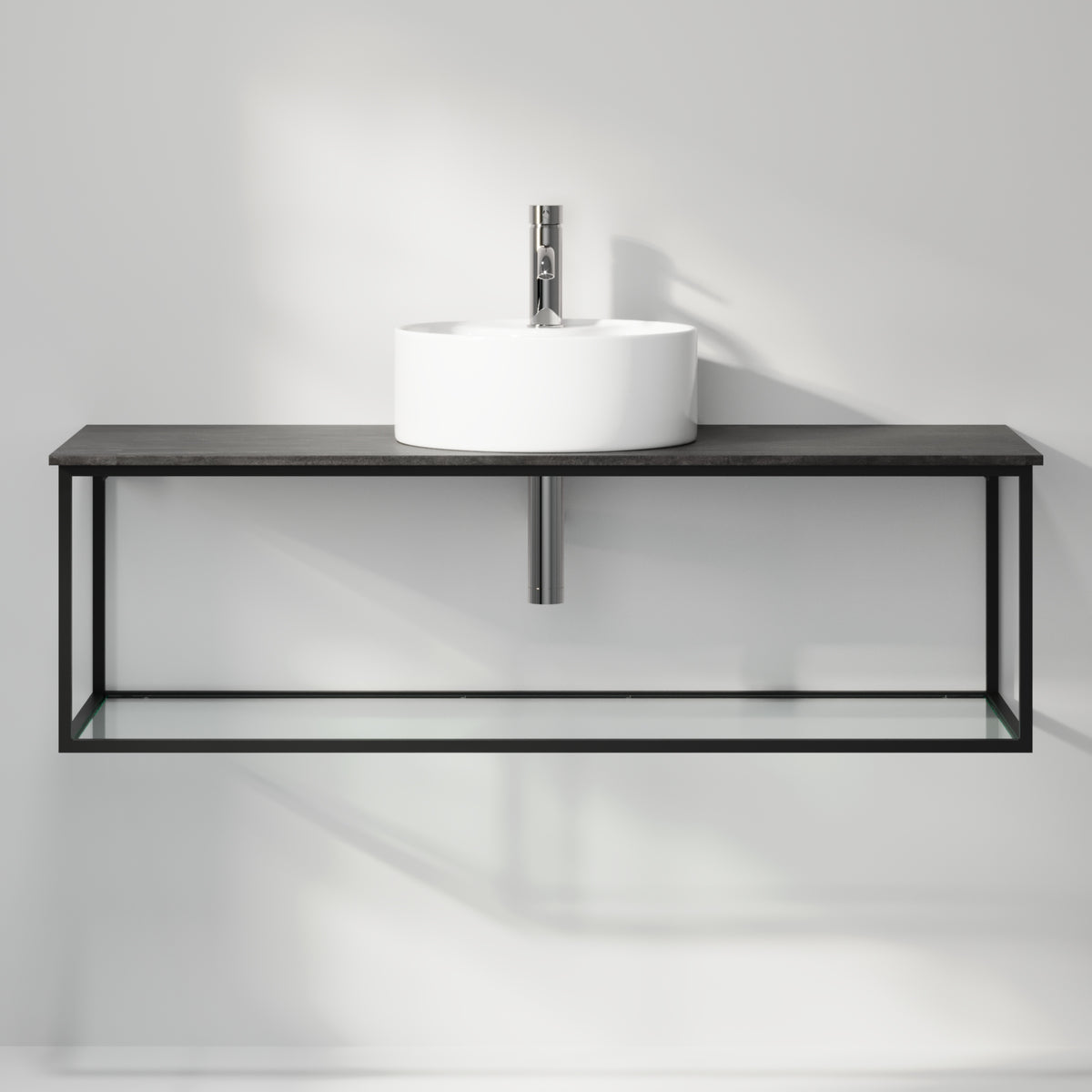 Badrumsmöbel med öppen metallram och botten i härdat glas - 120x46x50 cm - matt svart - vit fristående Porslin tvättställ - Bänkskiva i betonglook - Stenstorp