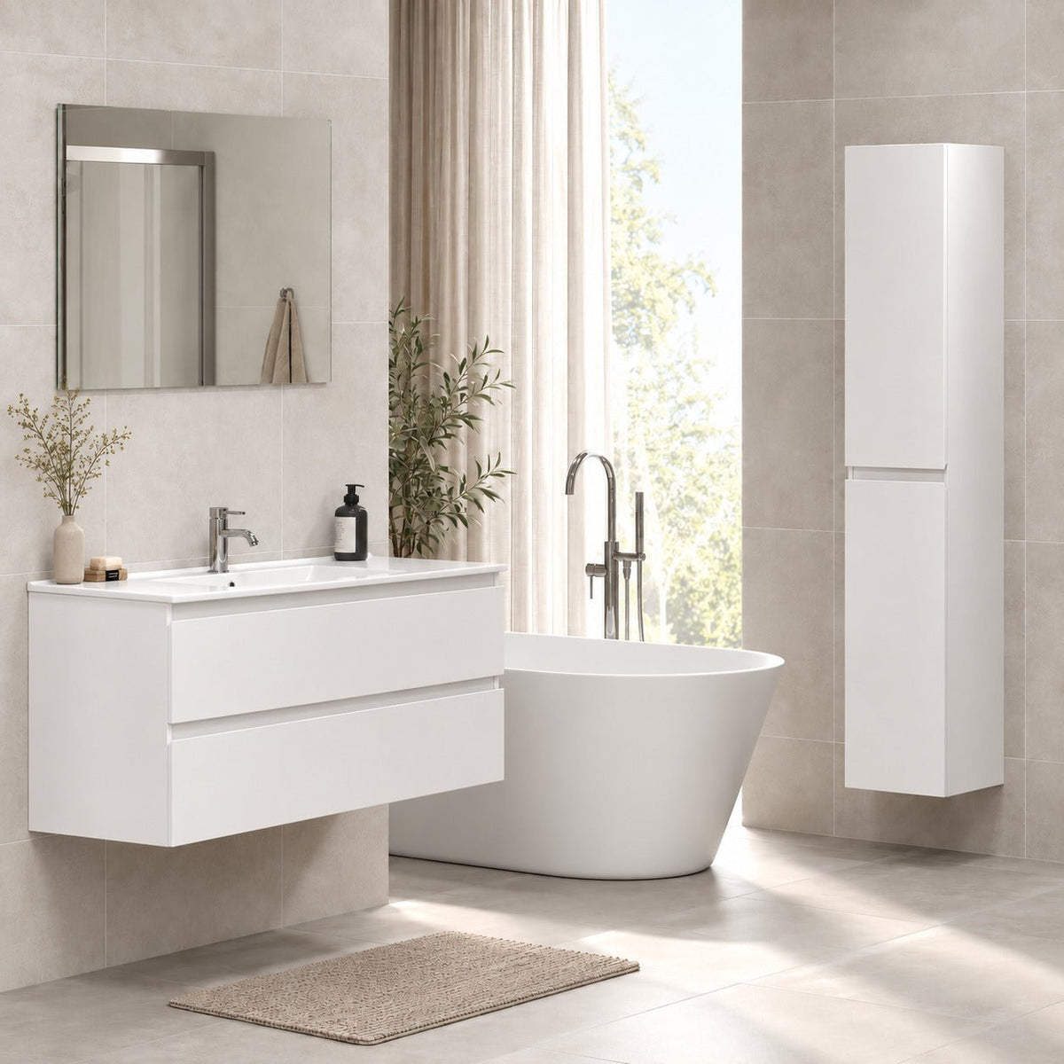 Bathroom furniture with classic integrated fronts - 90x46x50 cm - matt white - ceramic basin - Kenwood - MASTERSTORE - 8595677181081 - Vanity Units - 80-090-04-01-01 - 8595677181081
