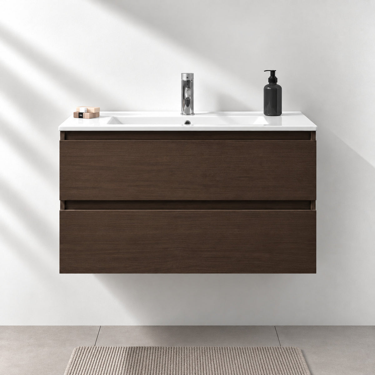 Badrumsmöbel med klassiska integrerade fronter - 90x46x50 cm - valnöt - porslinstvättställ - Kenwood