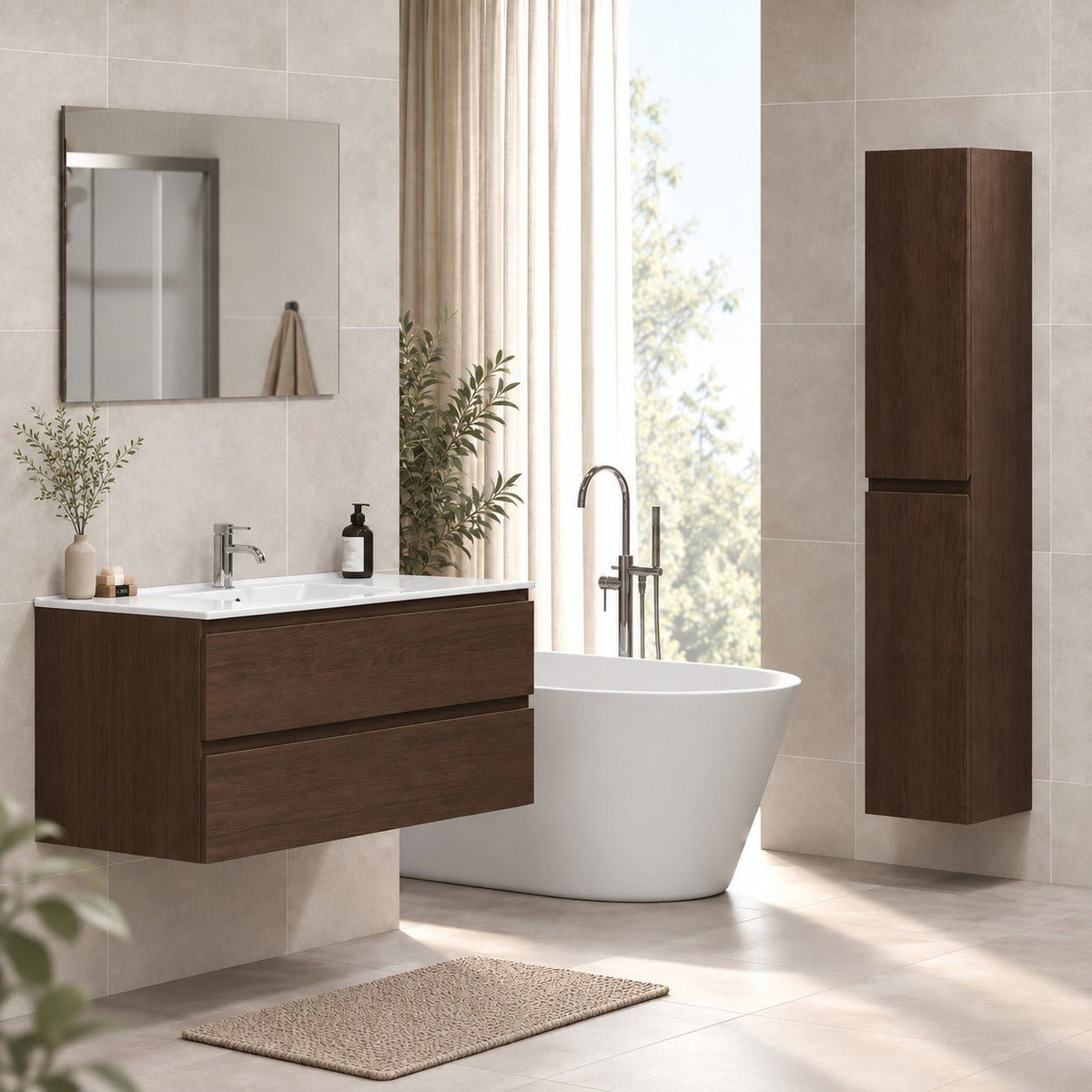 Bathroom furniture with classic integrated fronts - 90x46x50 cm - walnut - ceramic basin - Kenwood - MASTERSTORE - 8595677181111 - Vanity Units - 80-090-04-84-01 - 8595677181111