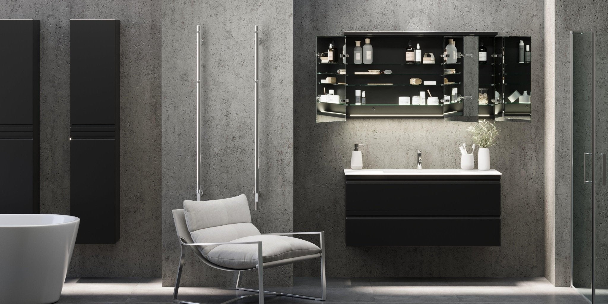 Fredrikstad Spegelskåp med LED belysning, Rund, Svart Matt