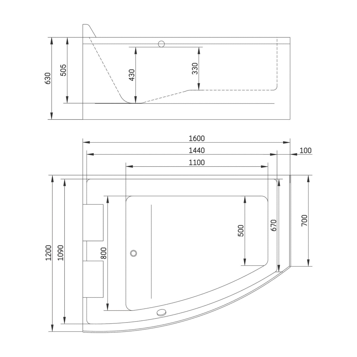 Asymmetriskt badkar i akryl - 160x120x65 cm - vänstervänt - med bensystem, avloppssats och bräddavlopp - vitt - Vejlefjord