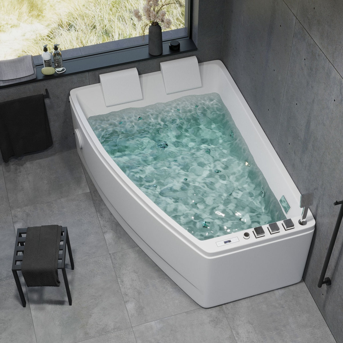 Asymmetriskt massagebadkar - luft- och hydromassage - 160x120x65 cm - vänstervänt - med uppvärmning - vitt - Vejlefjord