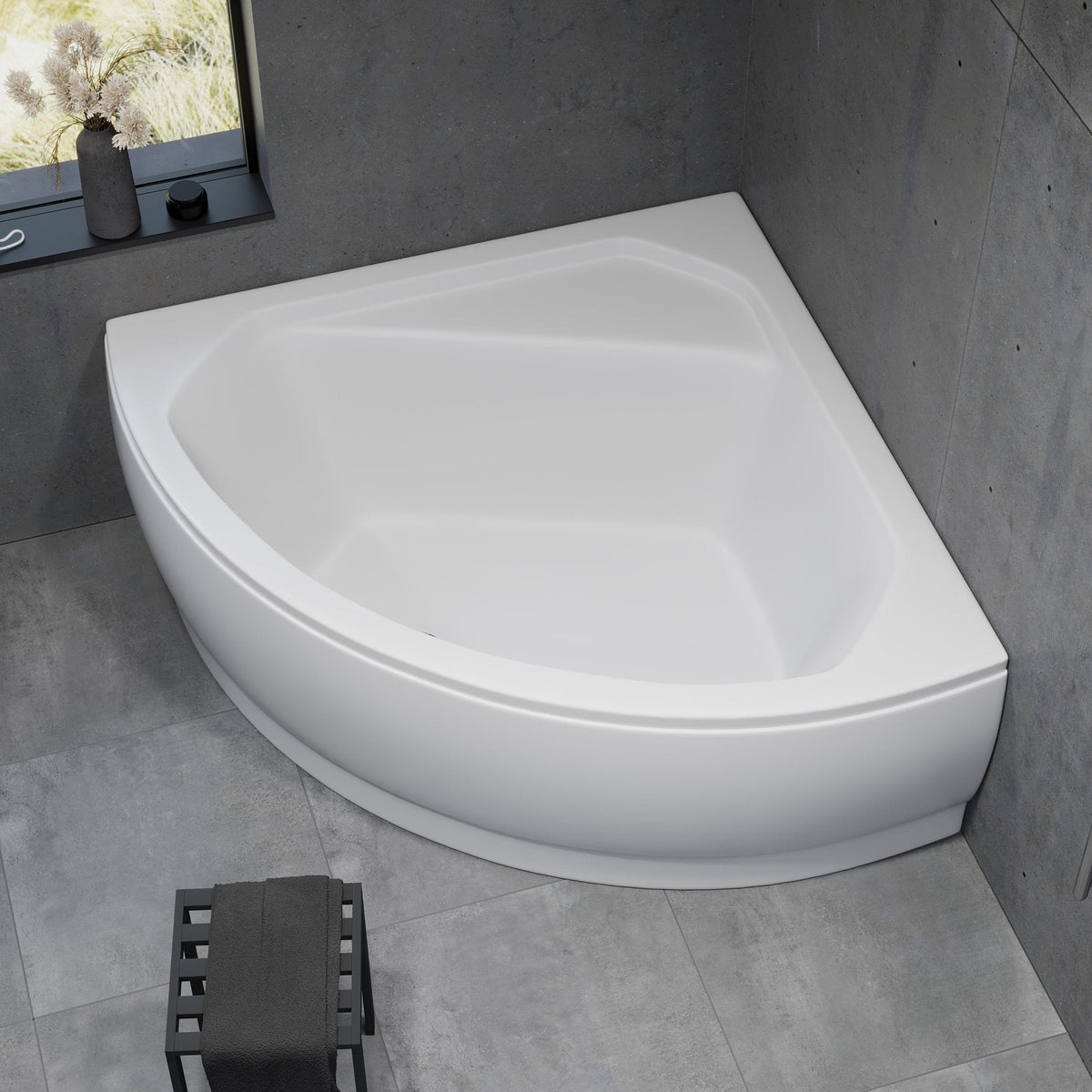 Hörnbadkar i akryl – 140x140x58 cm – med bensystem, avlopp och överfyllnadsskydd – vitt – Ulstrup