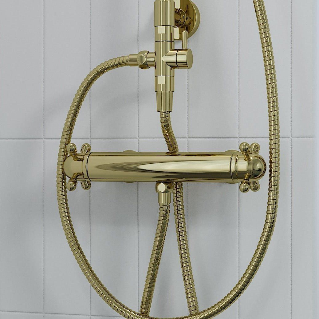 Thermostatic shower mixer with retro handle 150mm C/C - shiny brass - Ærøskøbing - MASTERSTORE - 8595677102451 - Shower Mixers - 28-015-03-64-00 - 8595677102451