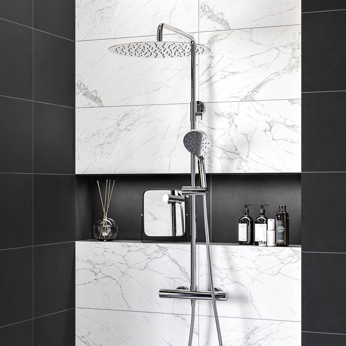 Shower system with thermostatic mixer 150mm C/C - Ø400 mm overhead shower, hand shower - chrome - Dragør - MASTERSTORE - 8595677102956 - Showersystem - 31-120-13-60-00 - 8595677102956