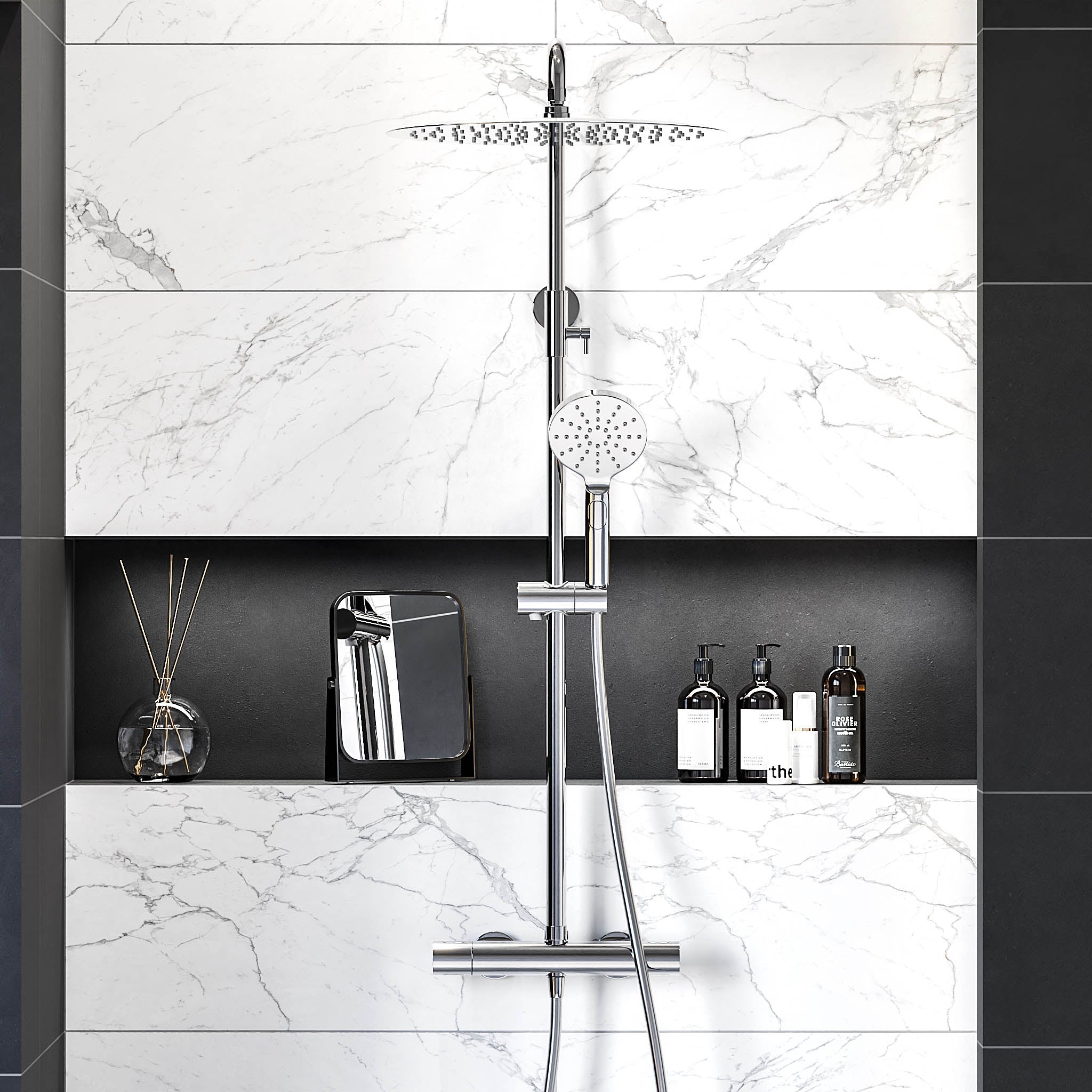 Shower system with thermostatic mixer 150mm C/C - Ø400 mm overhead shower, hand shower - chrome - Dragør - MASTERSTORE - 8595677102956 - Showersystem - 31-120-13-60-00 - 8595677102956