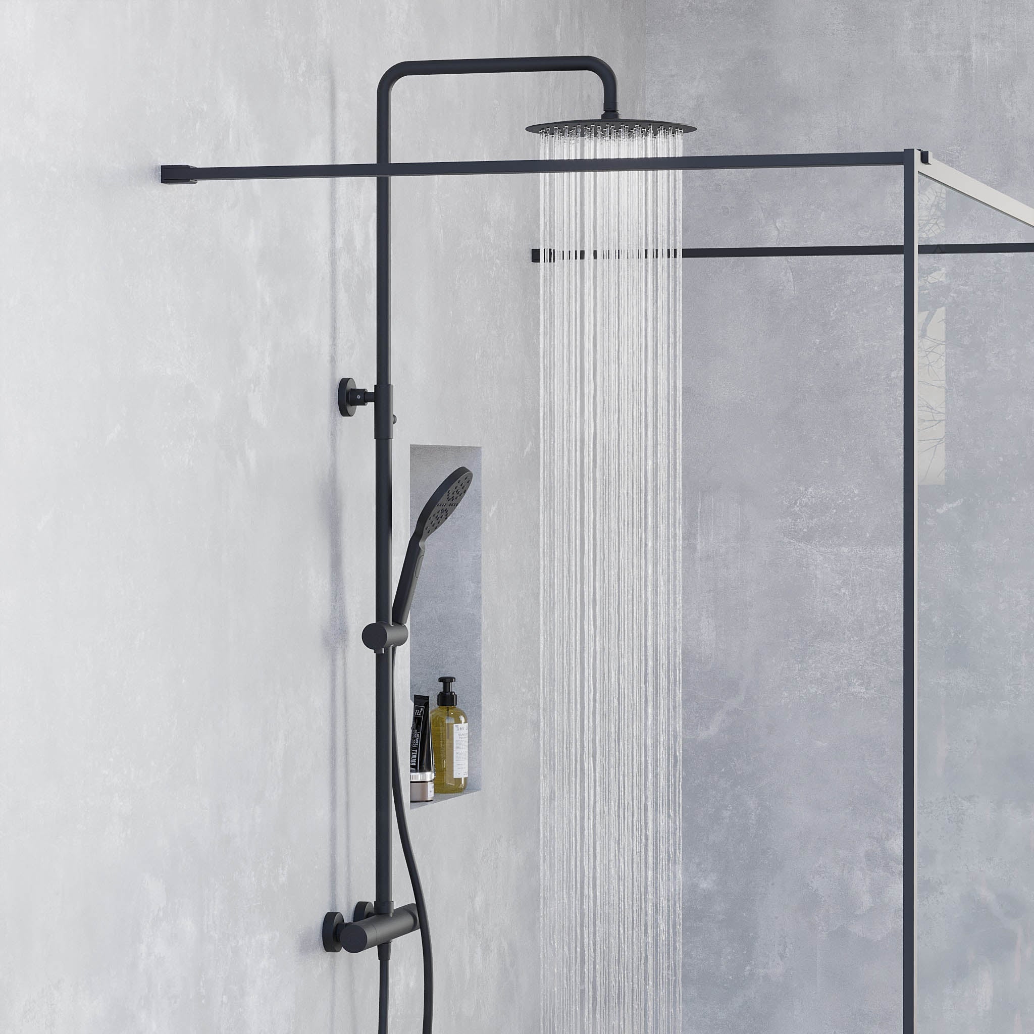 Shower system with thermostatic mixer 150mm C/C - Ø250 mm overhead shower, hand shower - matt black - Dragør - MASTERSTORE - 8595677103816 - Showersystem - 31-120-05-02-00 - 8595677103816