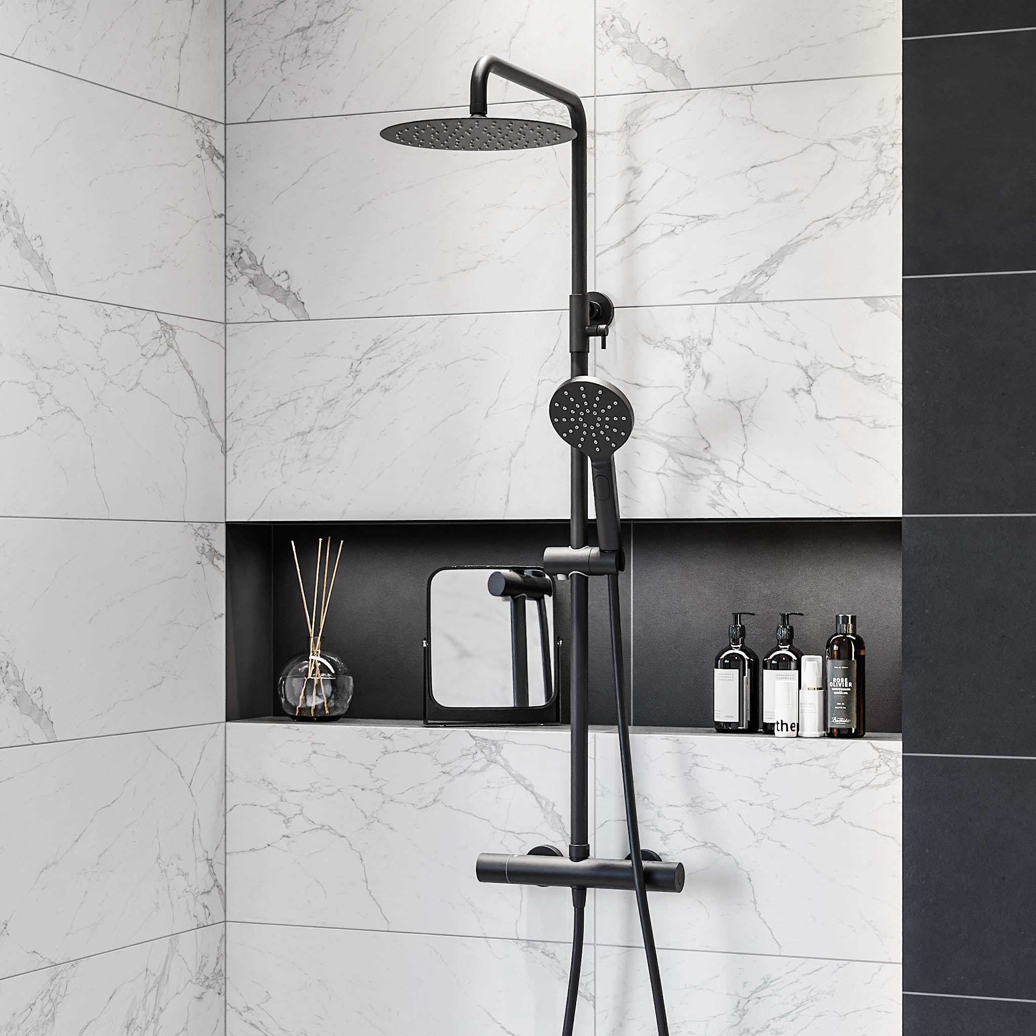Shower system with thermostatic mixer 150mm C/C - Ø250 mm overhead shower, hand shower - matt black - Dragør - MASTERSTORE - 8595677103816 - Showersystem - 31-120-05-02-00 - 8595677103816