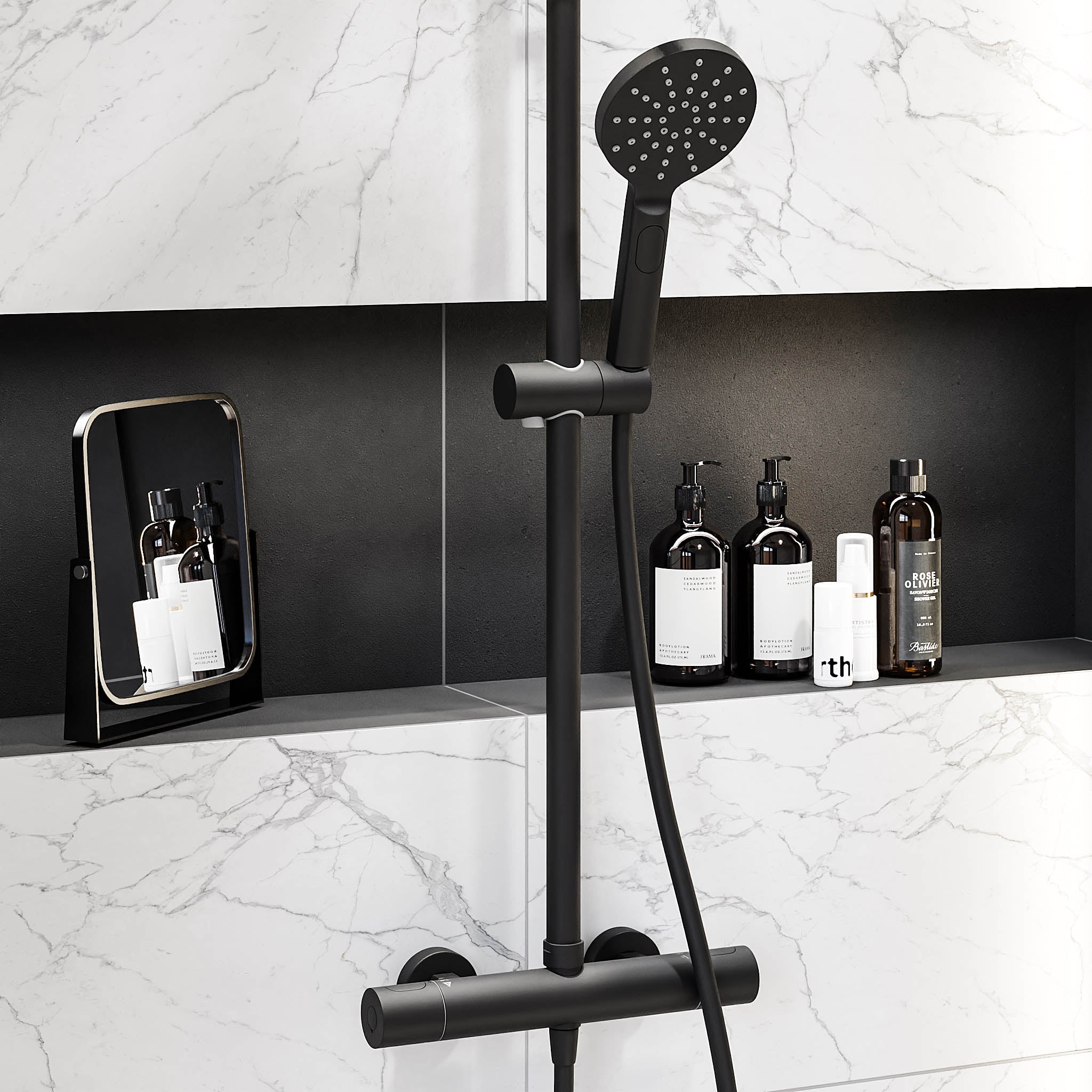 Shower system with thermostatic mixer 150mm C/C - Ø250 mm overhead shower, hand shower - matt black - Dragør - MASTERSTORE - 8595677103816 - Showersystem - 31-120-05-02-00 - 8595677103816