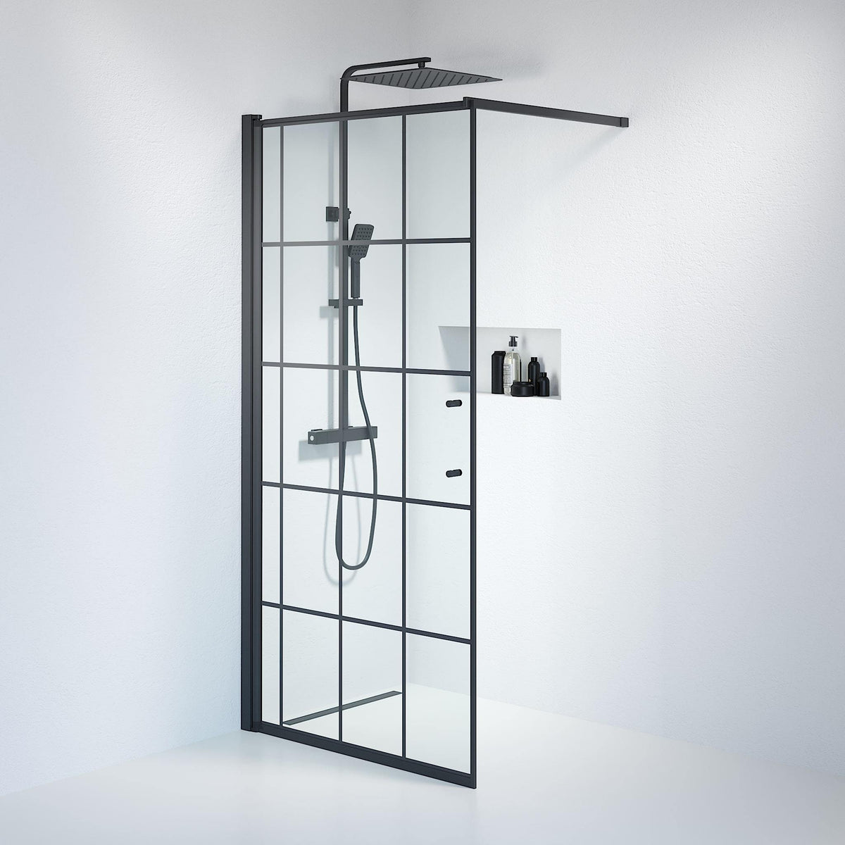 Duschvägg med spröjs 80x198 cm - 6 mm klart nanoglas med svarta spröjs - svart profil - Vänern