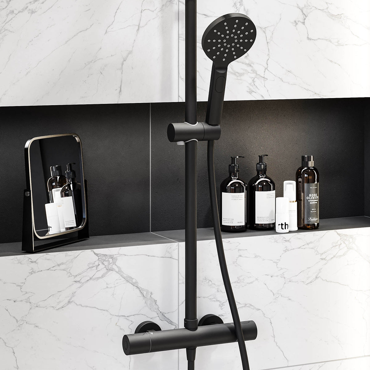Shower system with thermostatic mixer 150mm C/C - Ø400 mm overhead shower, hand shower - matt black - Dragør - MASTERSTORE - 8595677128949 - Showersystem - 31-120-13-63-00 - 8595677128949