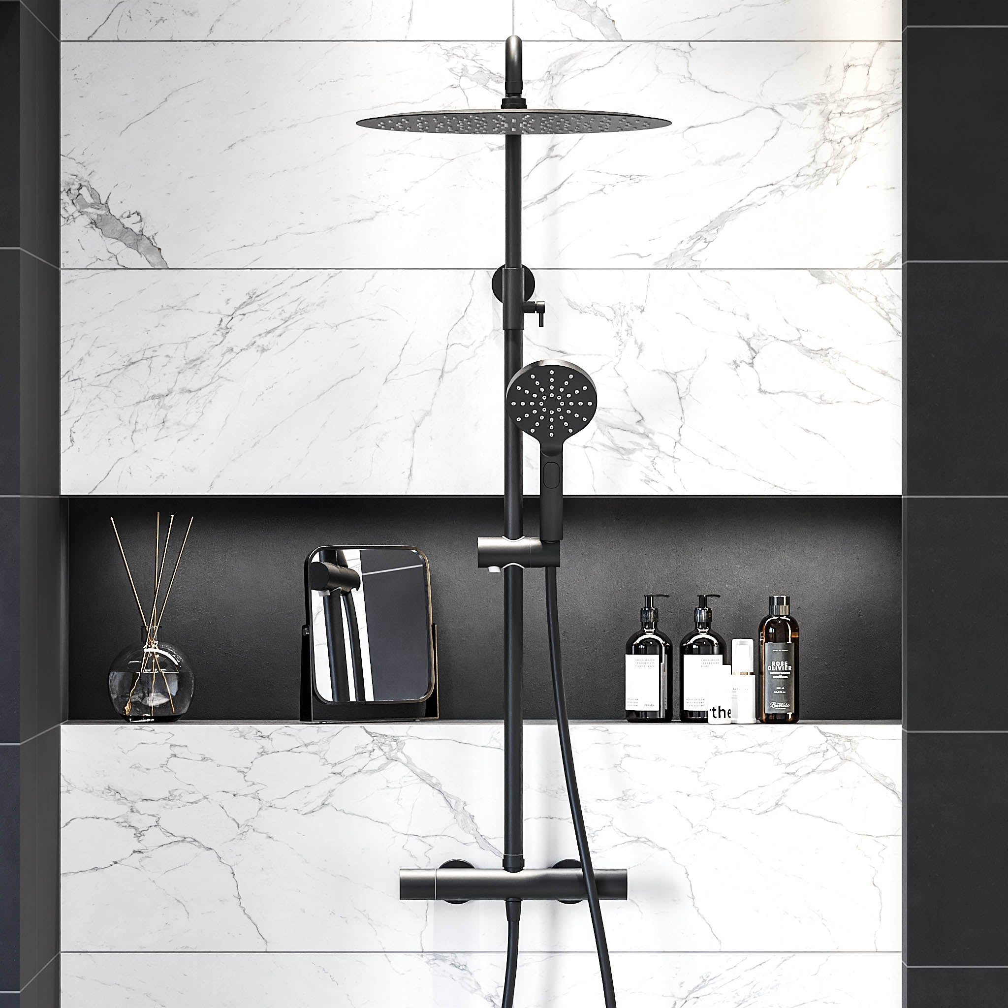 Shower system with thermostatic mixer 150mm C/C - Ø400 mm overhead shower, hand shower - matt black - Dragør - MASTERSTORE - 8595677128949 - Showersystem - 31-120-13-63-00 - 8595677128949