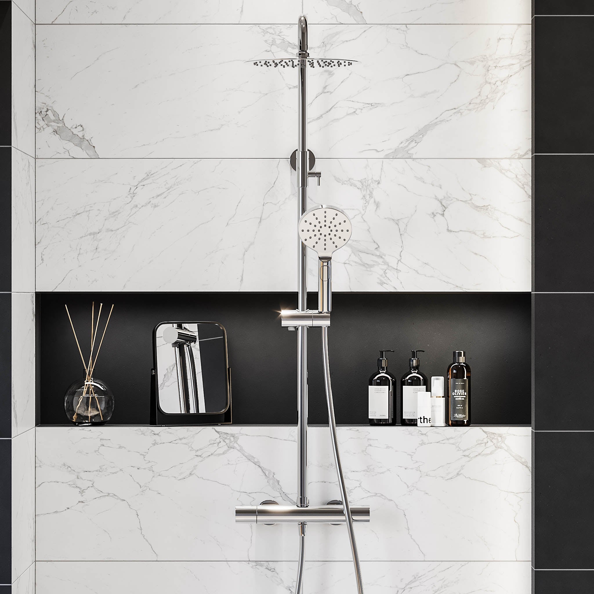 Shower system with thermostatic mixer 150mm C/C - Ø250 mm overhead shower, hand shower - chrome - Dragør - MASTERSTORE - 8595677129137 - Showersystem - 31-120-05-60-00 - 8595677129137