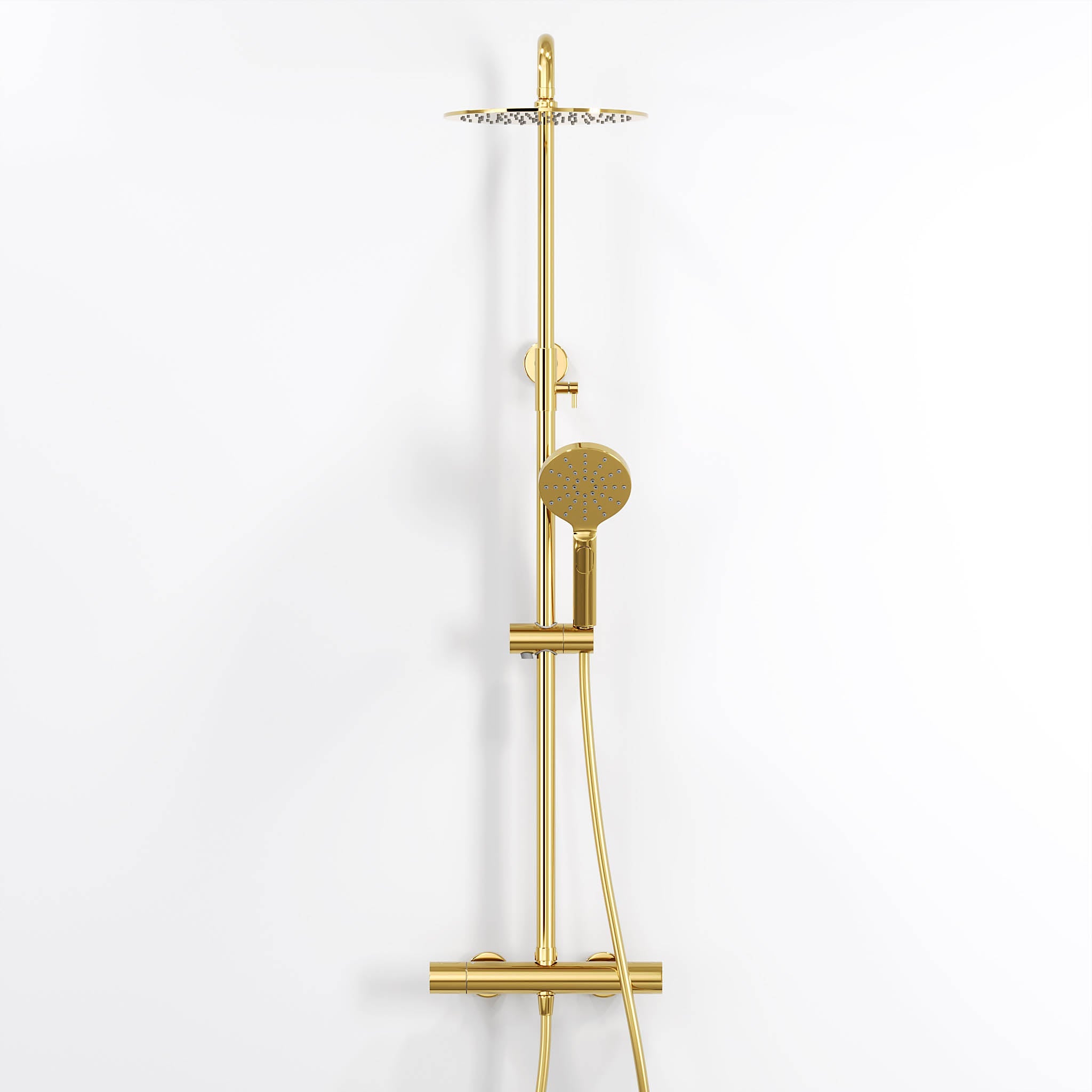Shower system with thermostatic mixer 150mm C/C - Ø250 mm overhead shower, hand shower - shiny brass - Dragør - MASTERSTORE - 8595677130577 - Showersystem - 31-120-08-64-00 - 8595677130577